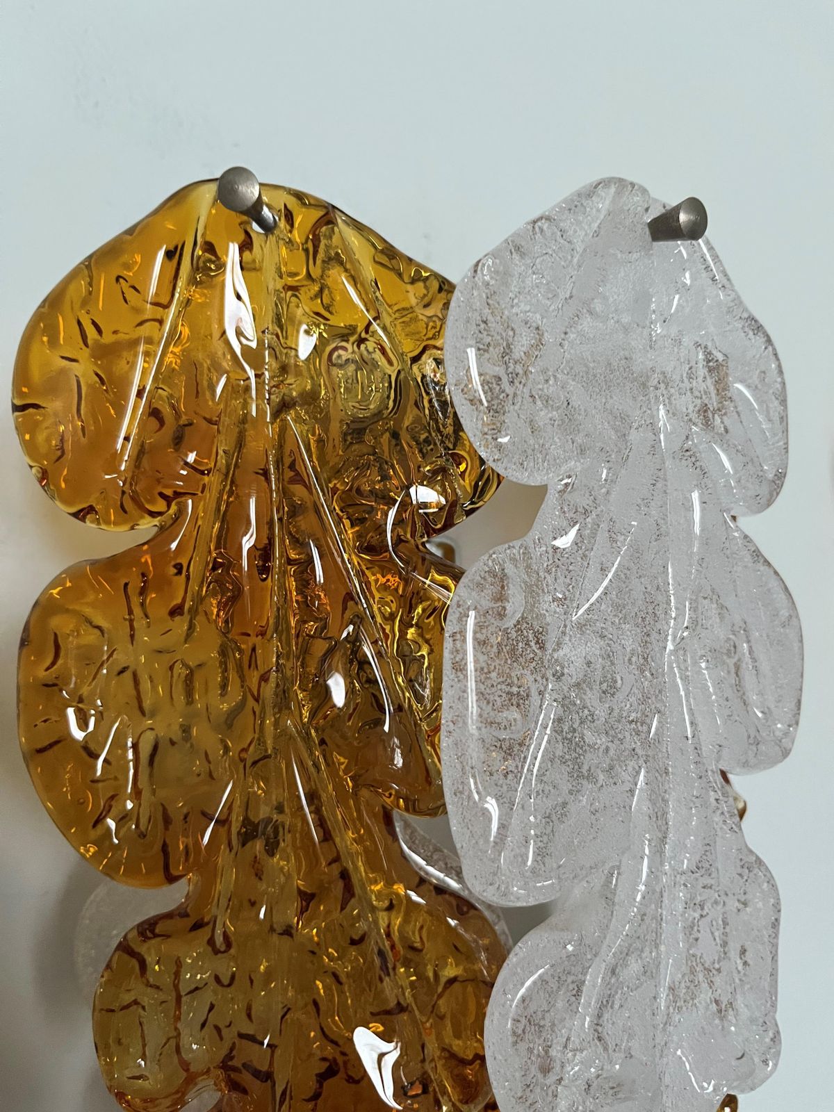 Italian Midcentury Pair Of Amberclear Murano Leaf Wall Sconces By Mazzega, 1970s photo for sale