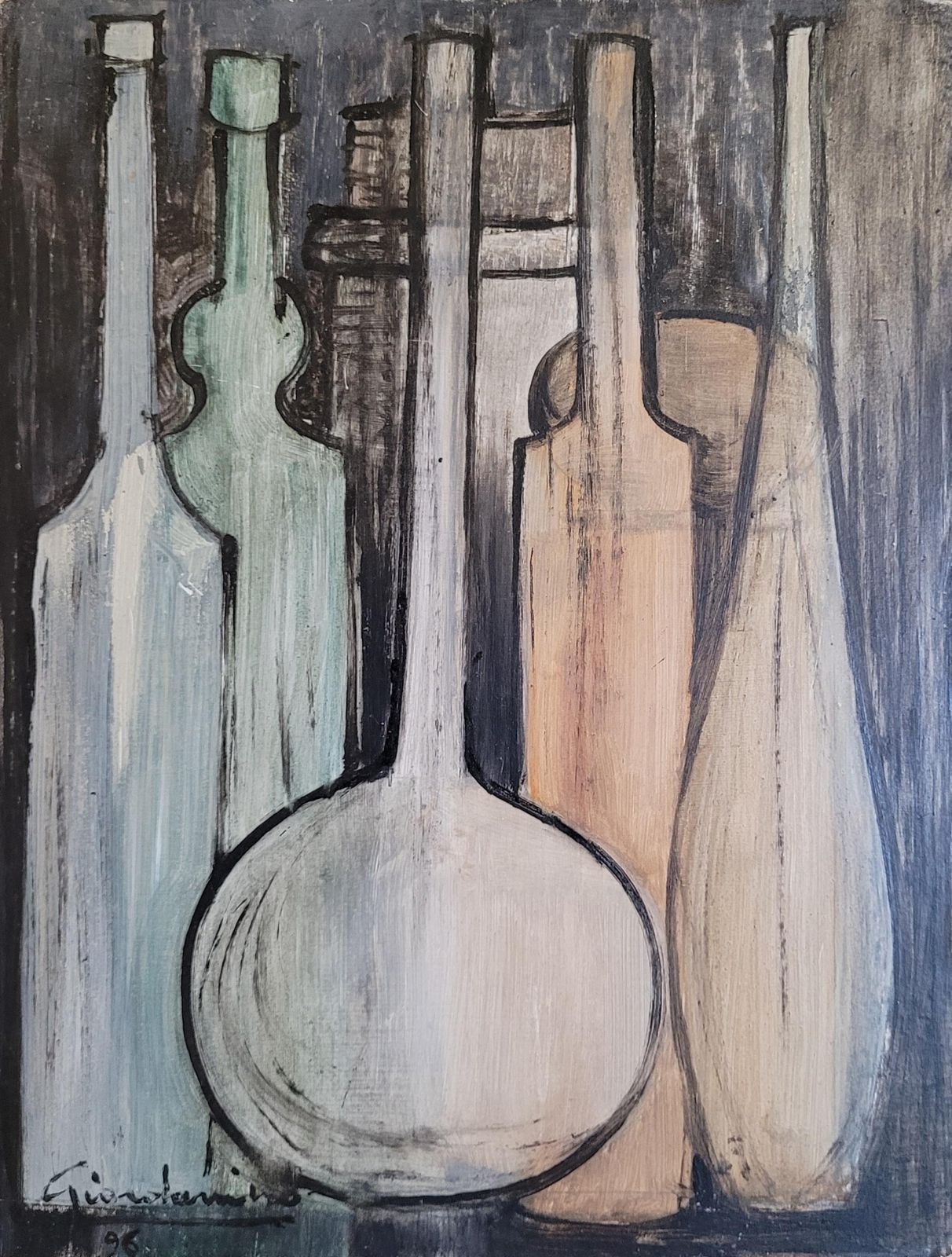 Still Life Of Bottles, Oil On Board, Late 20th Century, Signed, 1996 By Giordanino