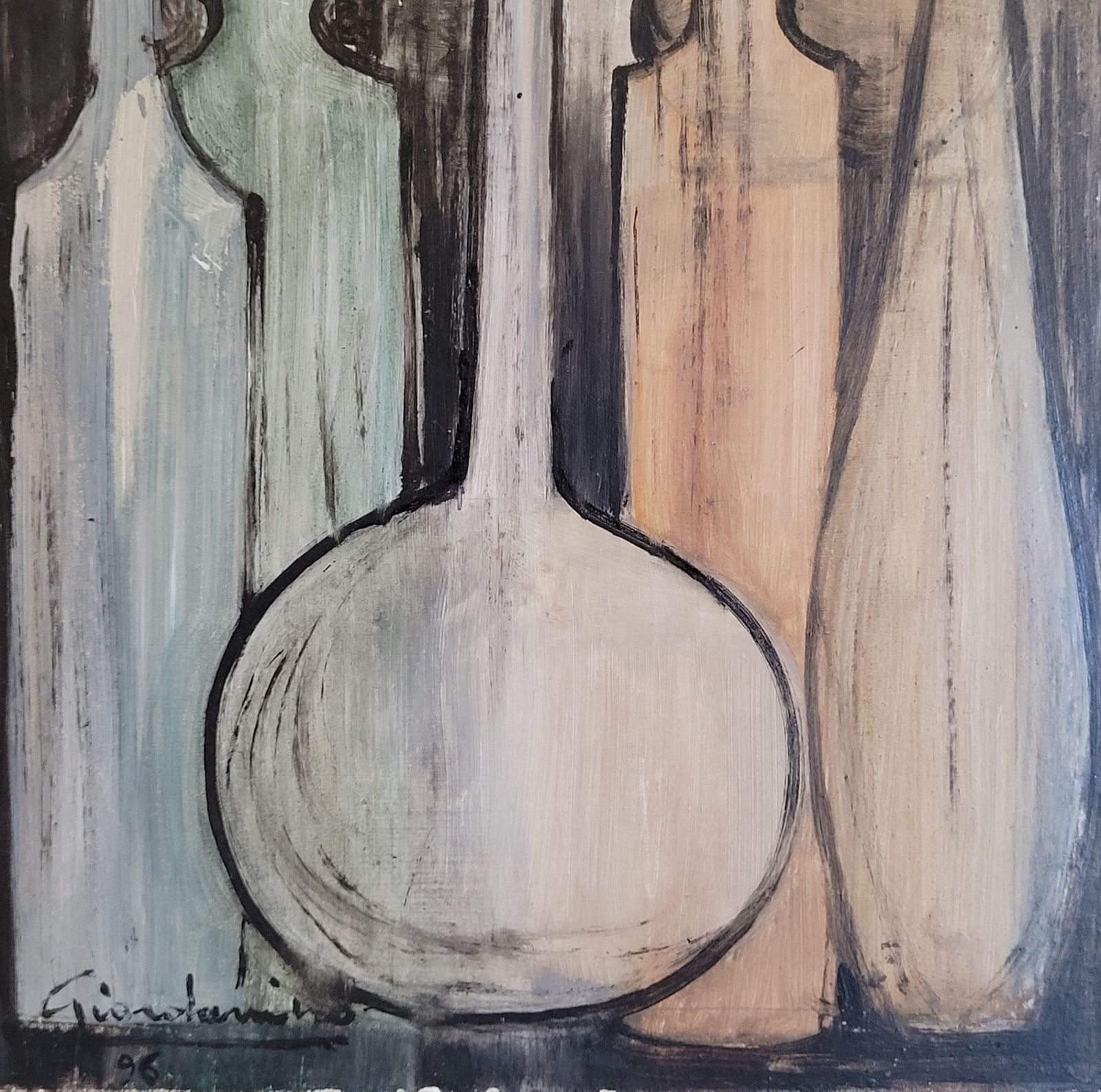 Still Life Of Bottles, Oil On Board, Late 20th Century, Signed, 1996 By Giordanino photo furniture