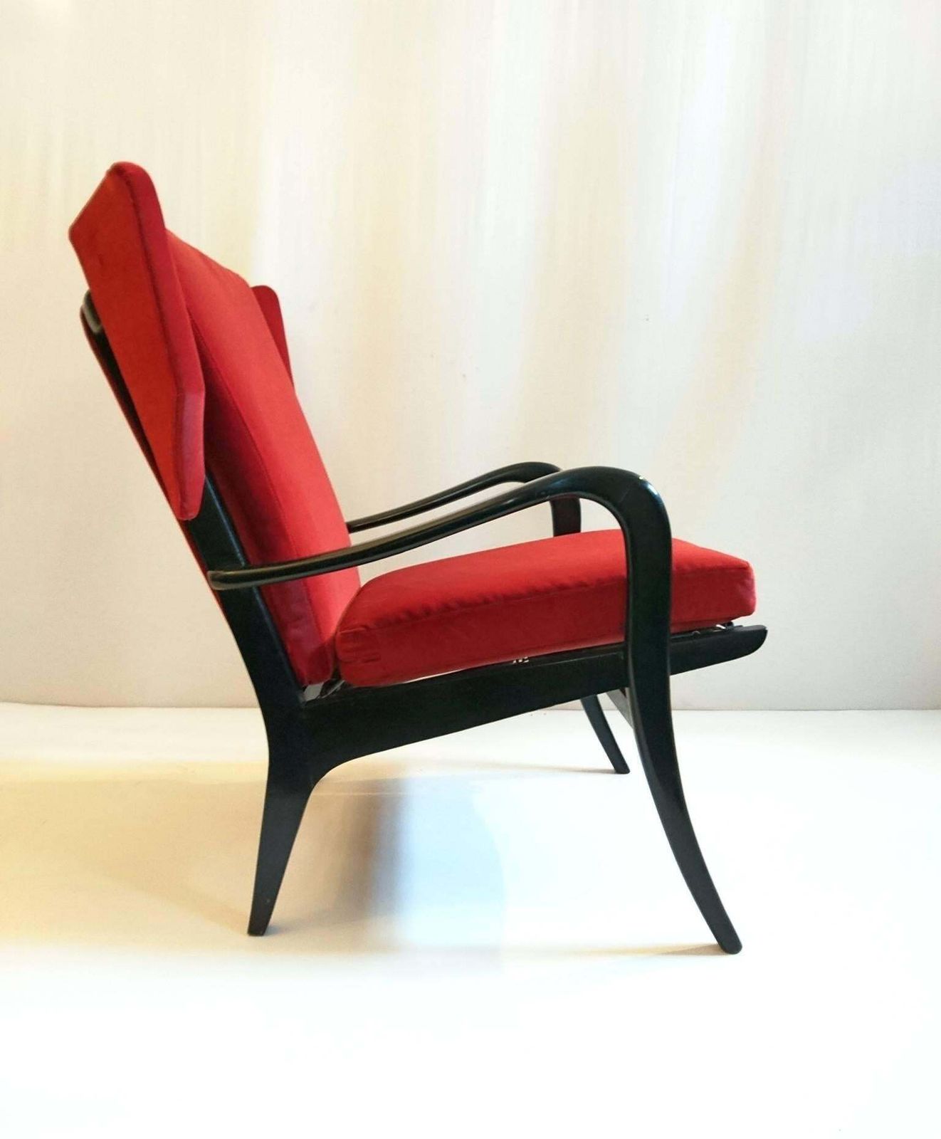 Midcentury Wingback Armchair In Red Velvet And Blackened Wood photo furniture