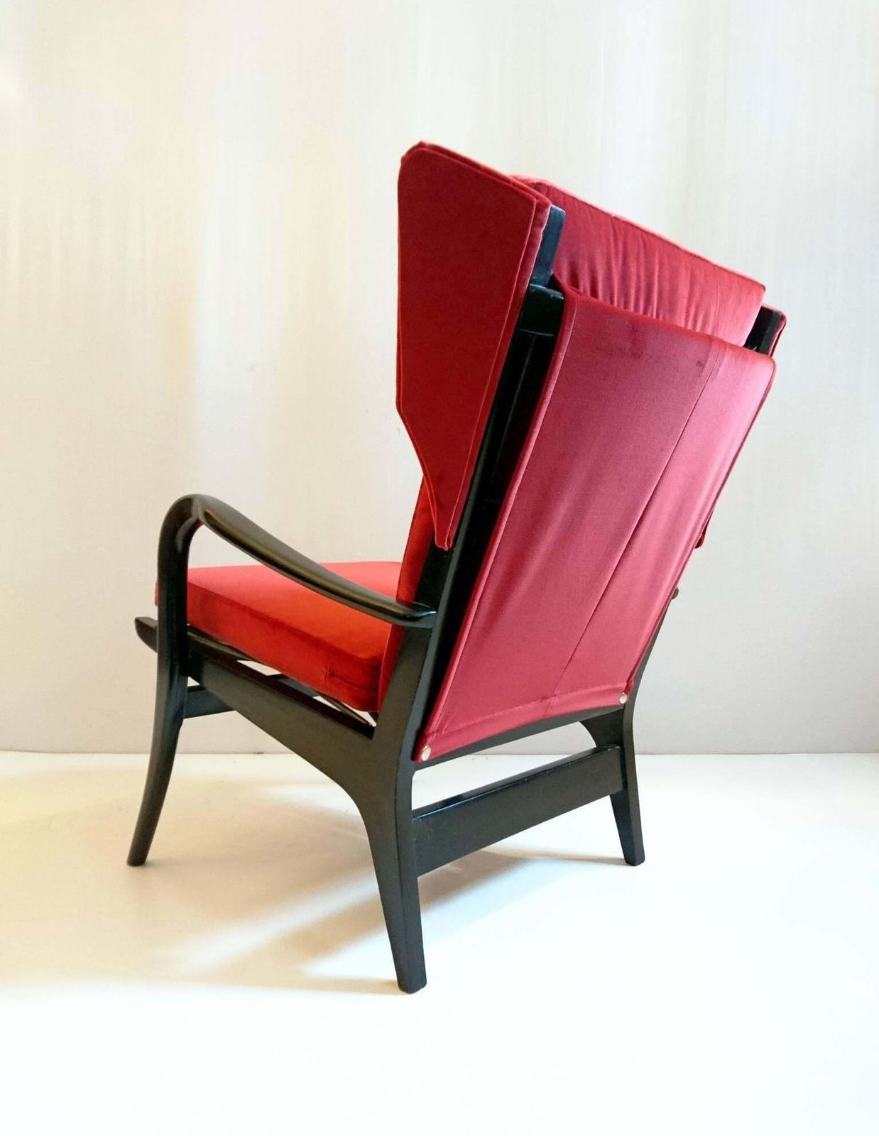 Midcentury Wingback Armchair In Red Velvet And Blackened Wood photo 1022.0
