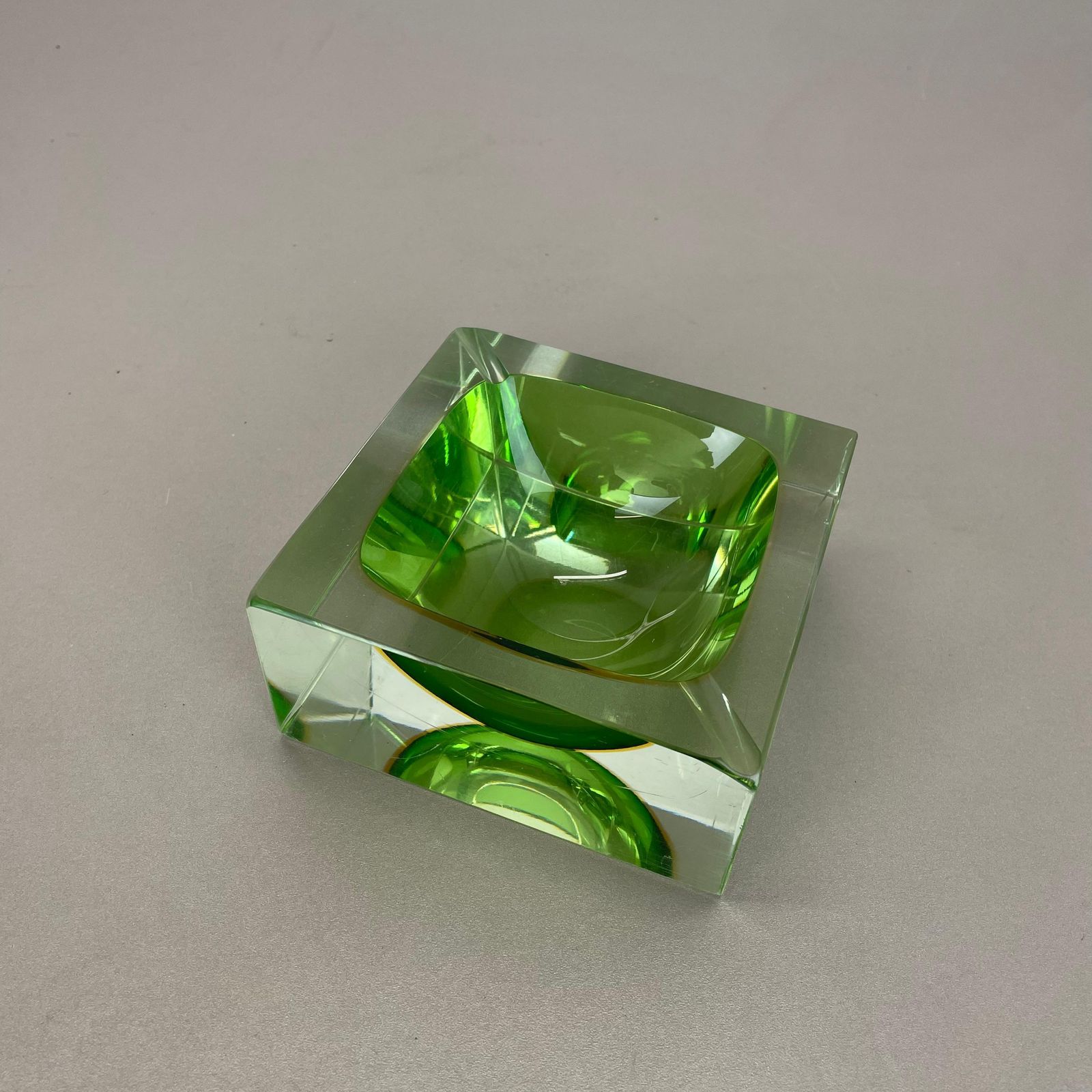Murano Green Glass Sommerso Block Cube Ashtray Element Flavio Poli, Italy, 1970s photo for sale