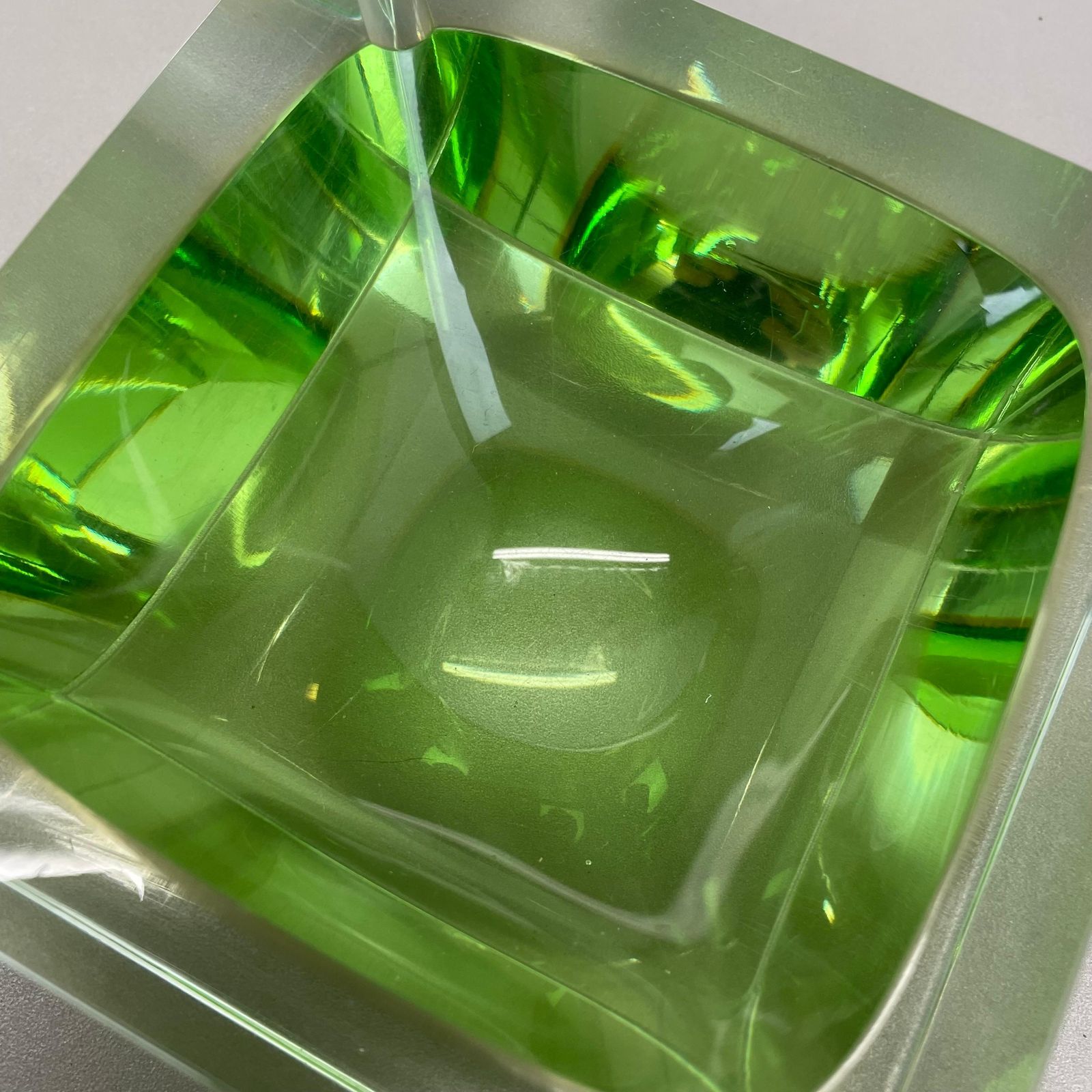 photo furniture Murano Green Glass Sommerso Block Cube Ashtray Element Flavio Poli, Italy, 1970s
