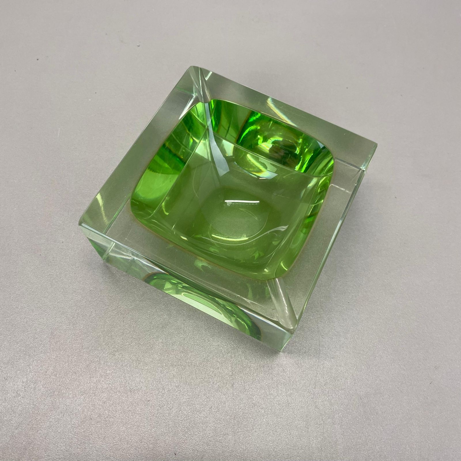 photo for sale Murano Green Glass Sommerso Block Cube Ashtray Element Flavio Poli, Italy, 1970s