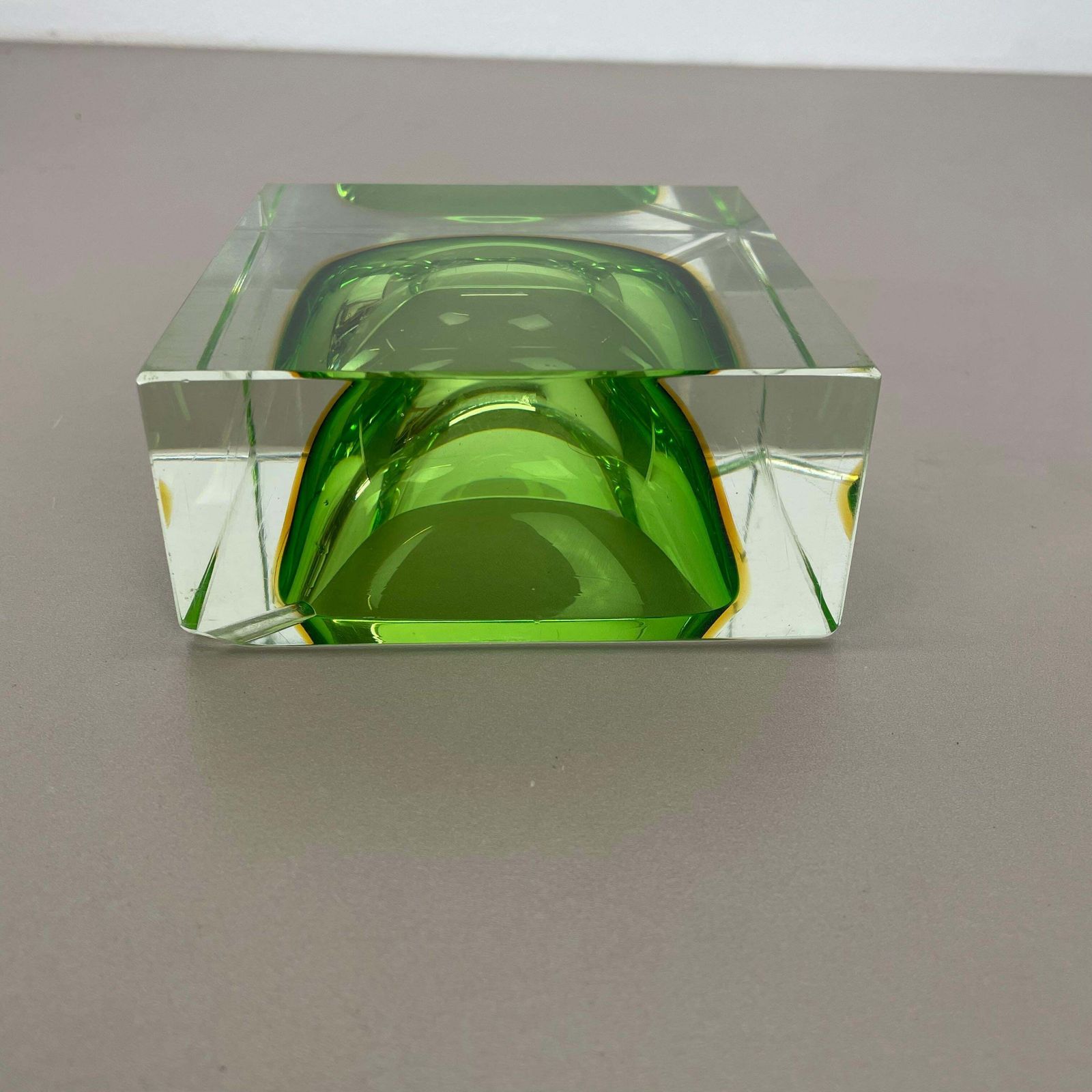 photo buy Murano Green Glass Sommerso Block Cube Ashtray Element Flavio Poli, Italy, 1970s