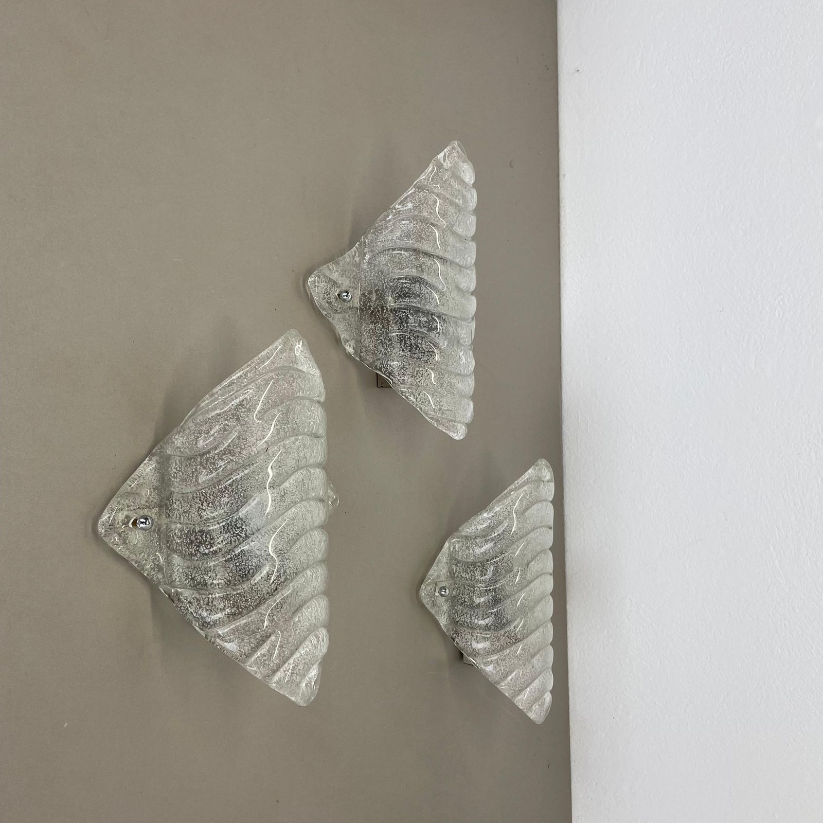 photo vinterior Set Of 3 Murano Ice Glass Wall Light Sconces Fischer Leuchten Germany, 1970