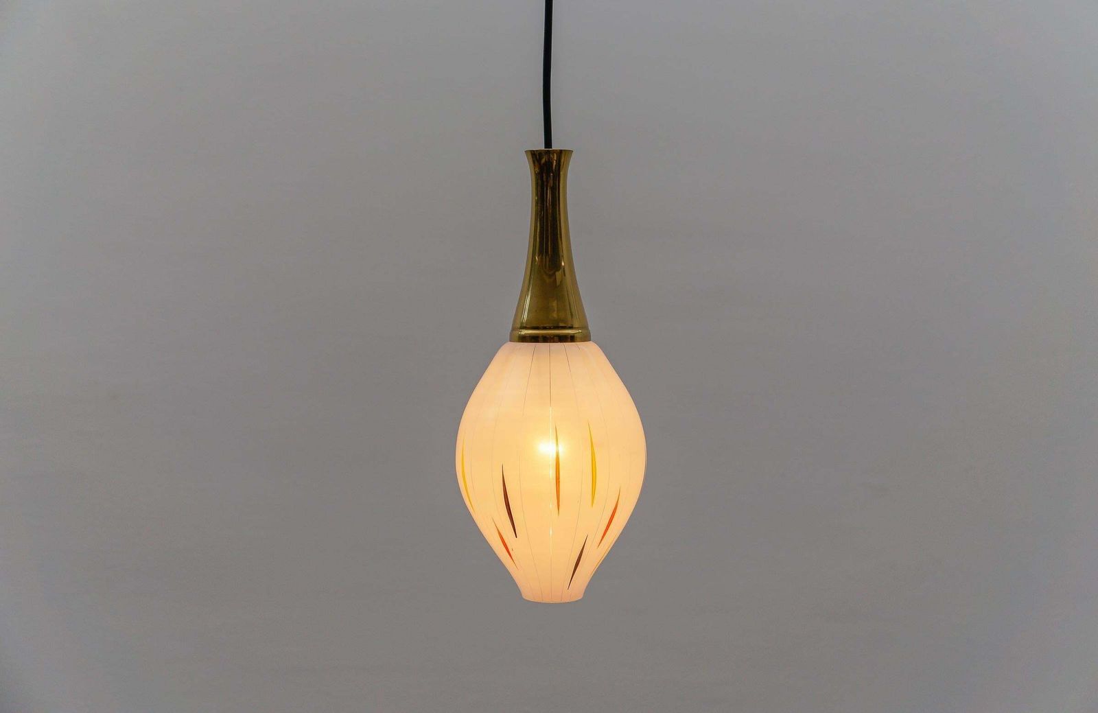 Lighting Lovely 50s Mouth Blown Glass Hanging Lamp With Brass, Germany Mid Century Modern photo