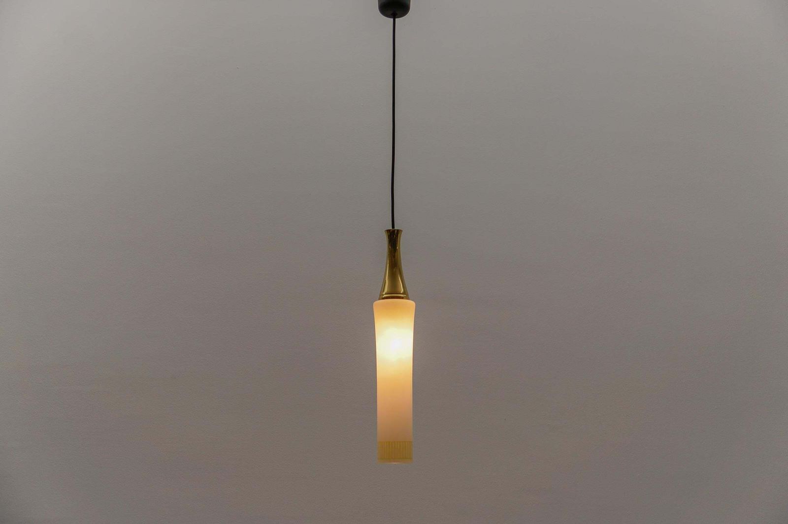 photo furniture Lovely Cylindrical Glass Hanging Lamp With Brass, Mid Century Modern, Germany