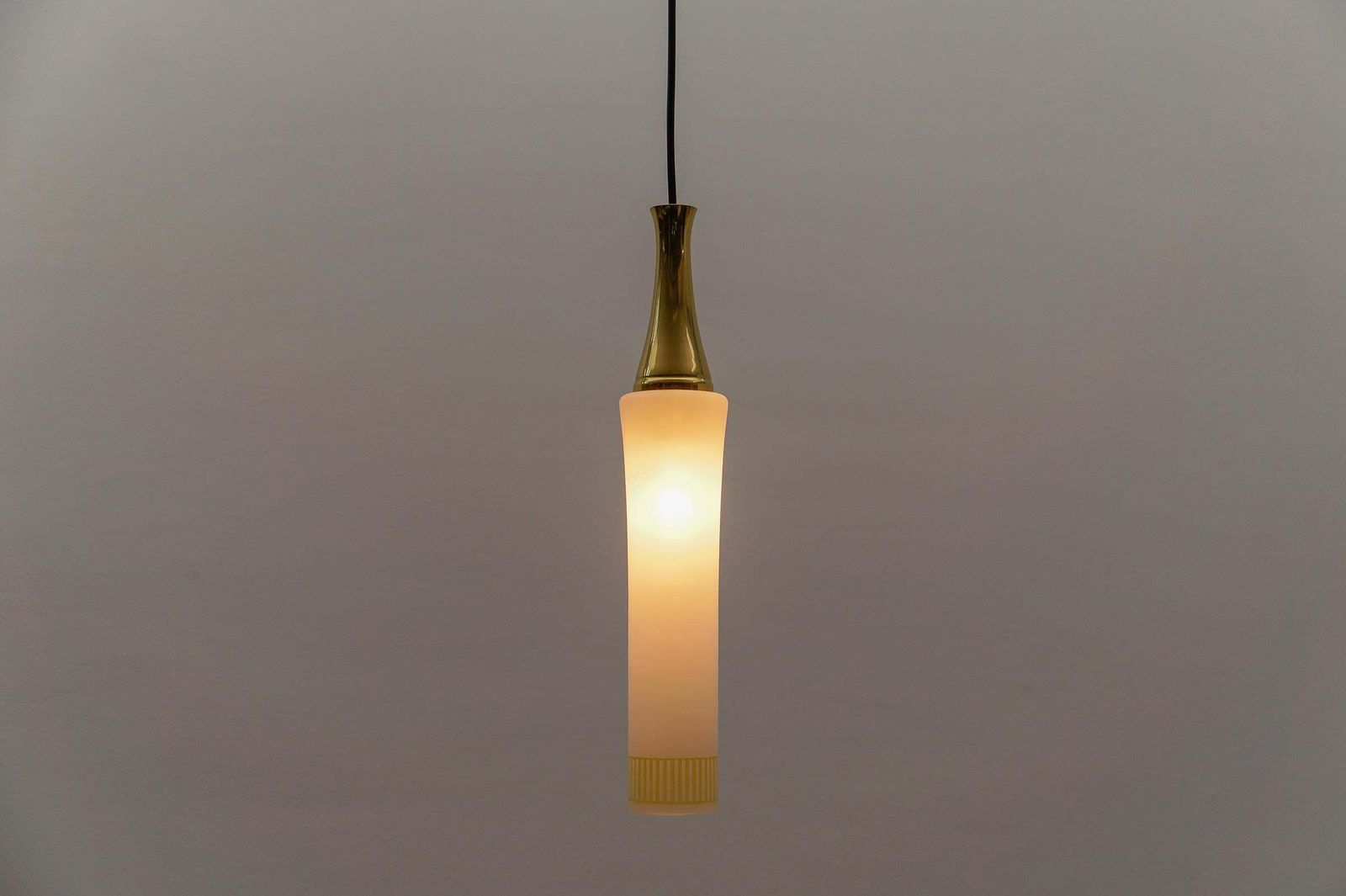 photo for sale Lovely Cylindrical Glass Hanging Lamp With Brass, Mid Century Modern, Germany