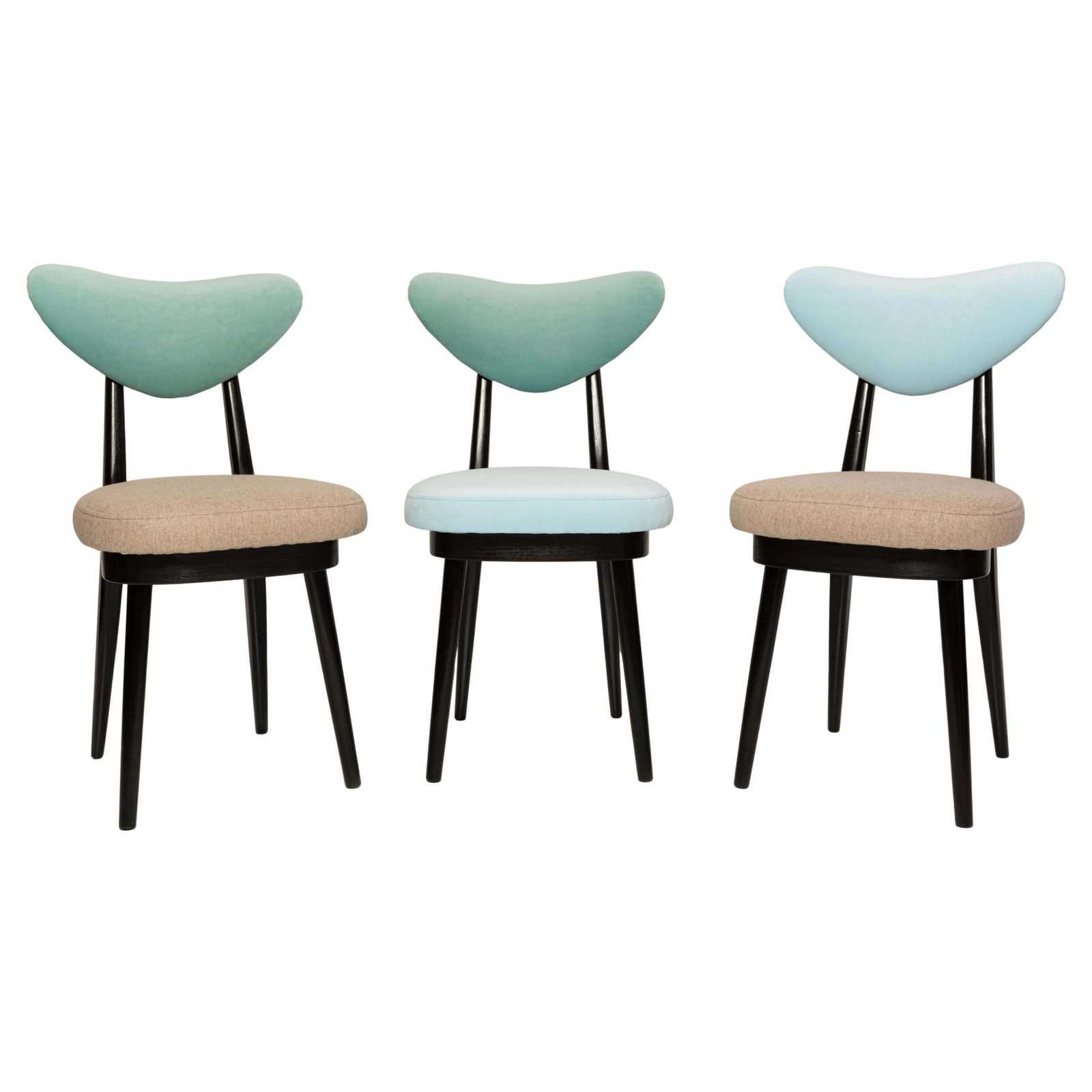 Set Of Three Mid Century Beige Blue Green Mixed Heart Chairs, Europe, 1960s