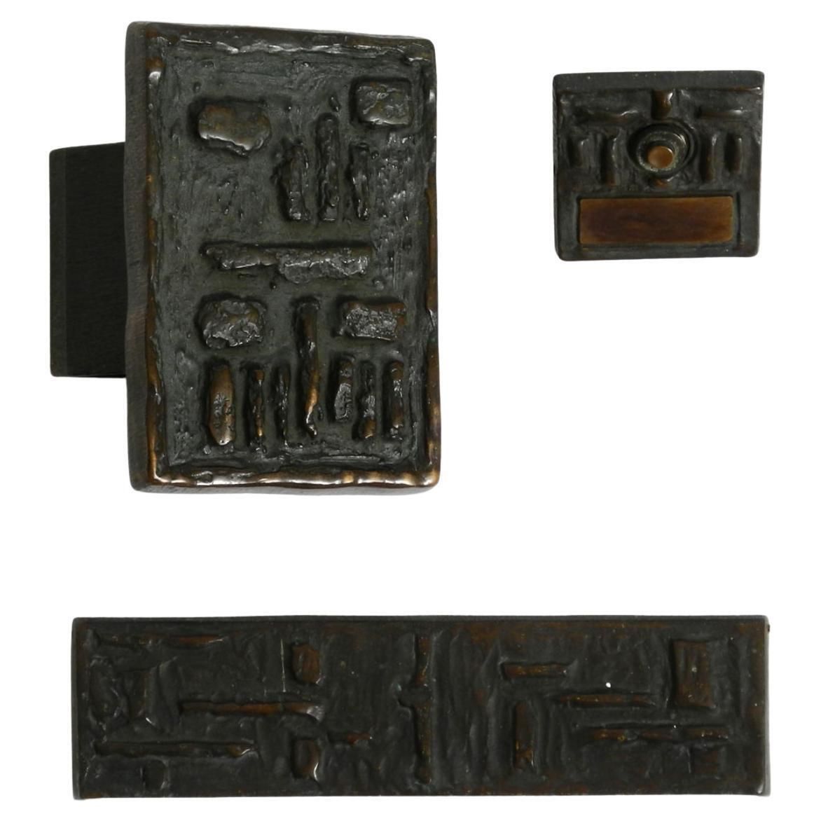 A Set Of Solid, Heavy 1970s Brutalist Pull Handles With Letter Slot And Doorbell