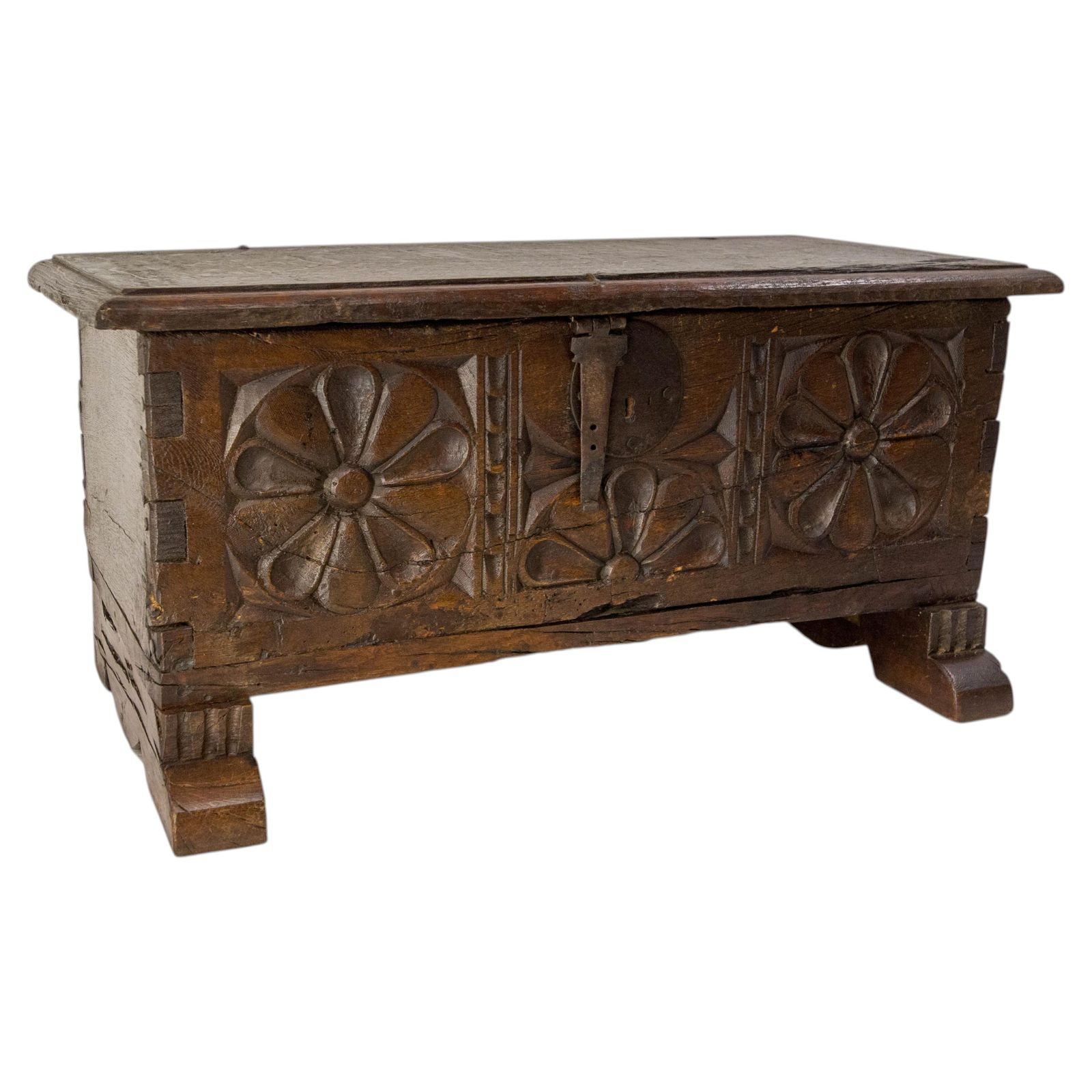 1900 Little Rustic Chest Or Coffer Gothic Carved Oak & Wrought Iron, French