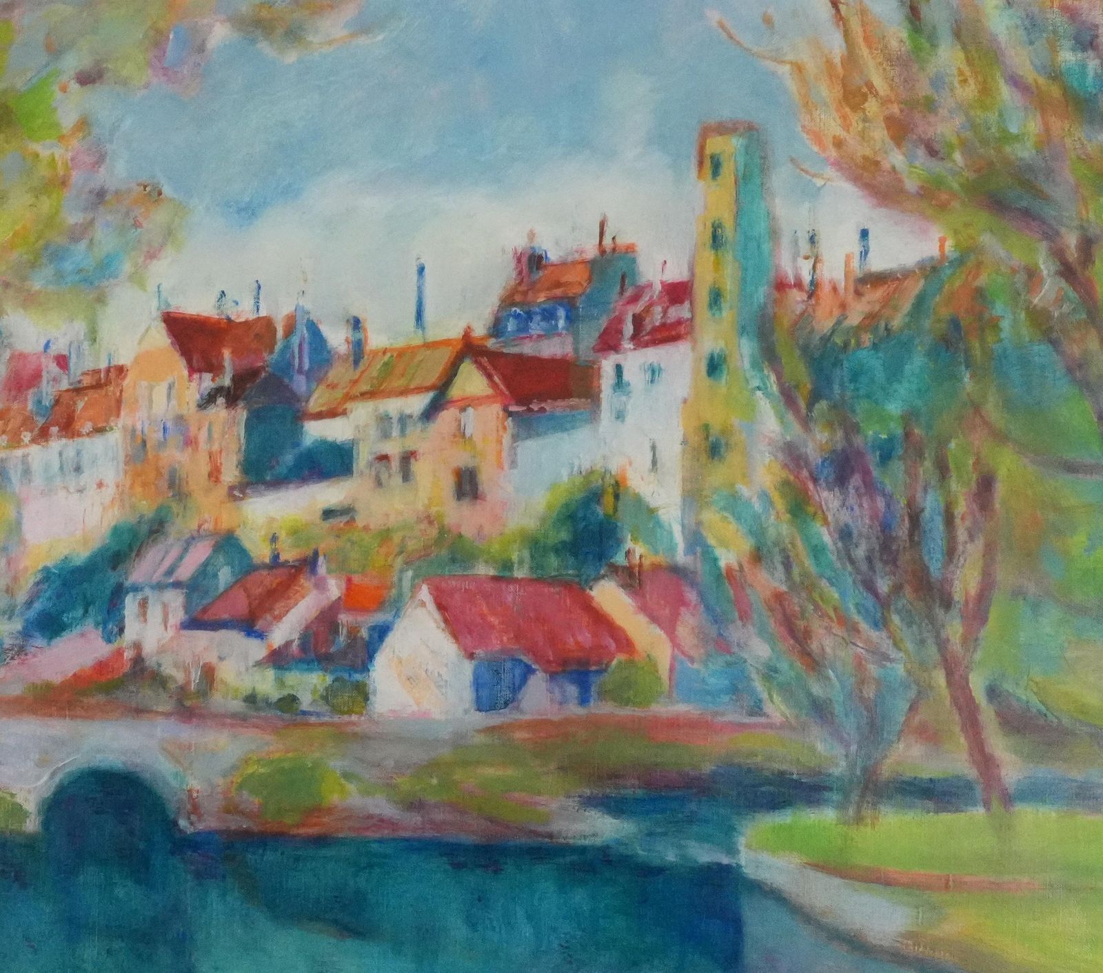 Masaaki Kuwaharavillage Near The Bridge   Original Oil On Canvas, Signedc. 1965 photo for sale