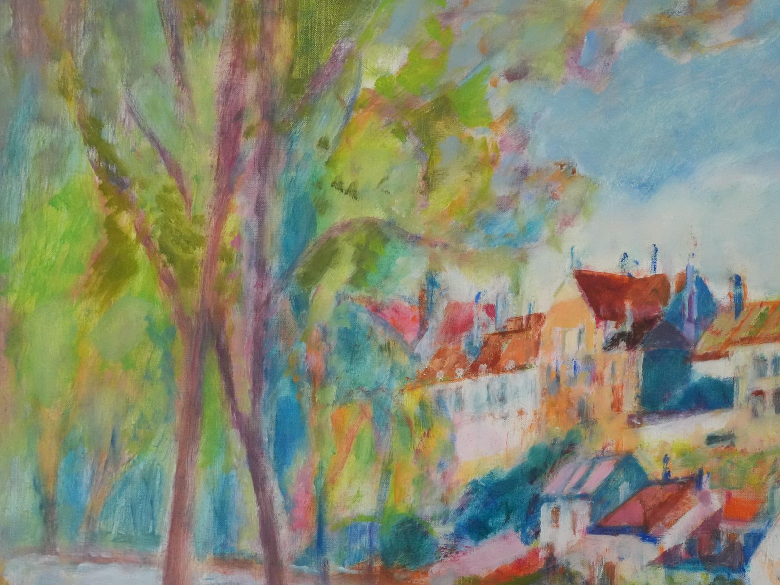 Masaaki Kuwaharavillage Near The Bridge   Original Oil On Canvas, Signedc. 1965 photo vintage