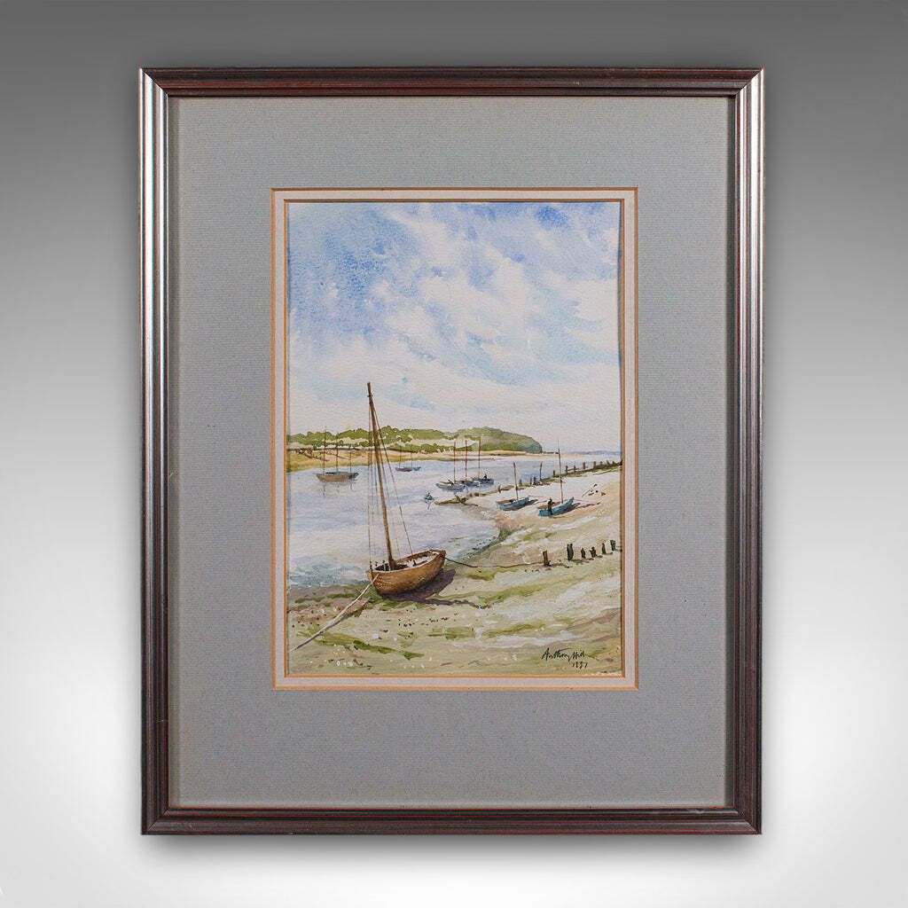 Vintage Beach Landscape Painting, English School Watercolour, Nautical Art, 1991 photo furniture