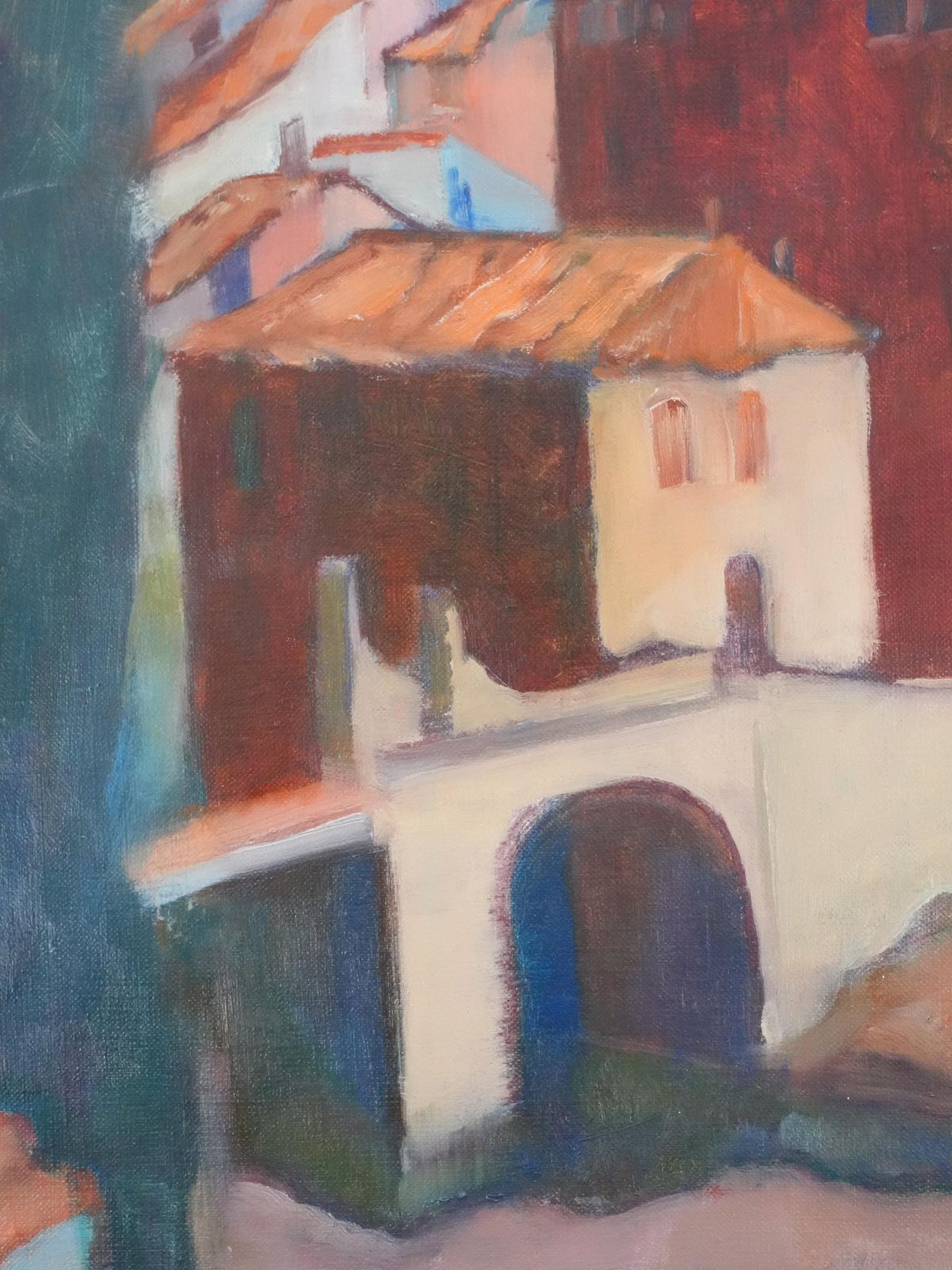 Masaaki Kuwaharahouses With Colorful Roofs   Original Oil On Canvas, Signedc. 1965 photo vinterior