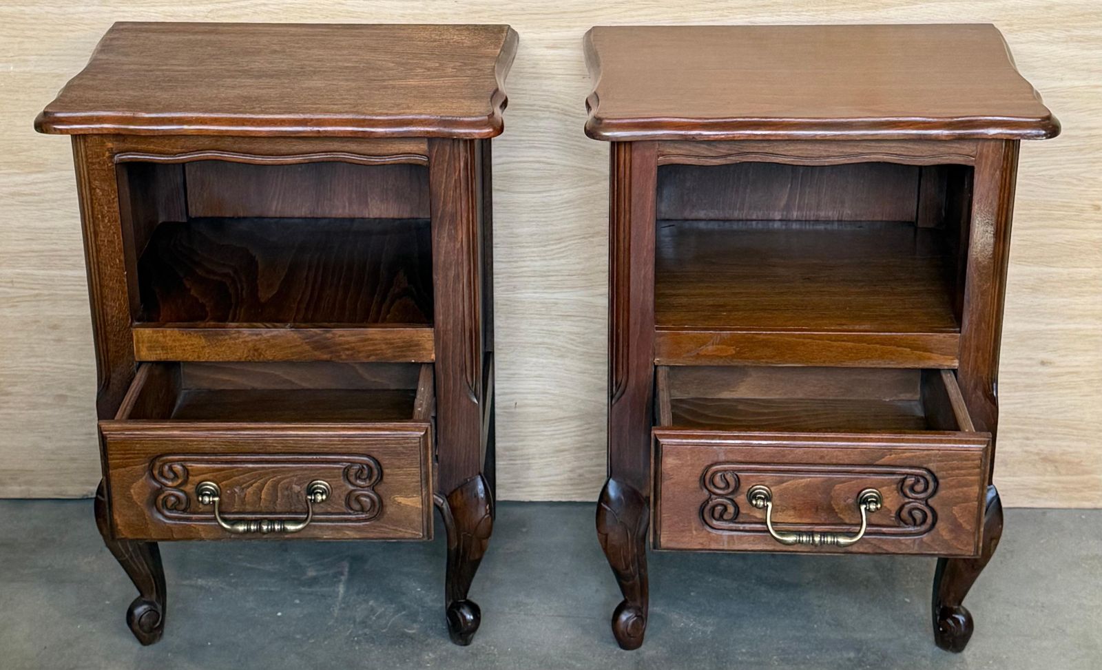 20th Century Pair Of Solid Carved French Nightstands With Low Drawer photo Furniture