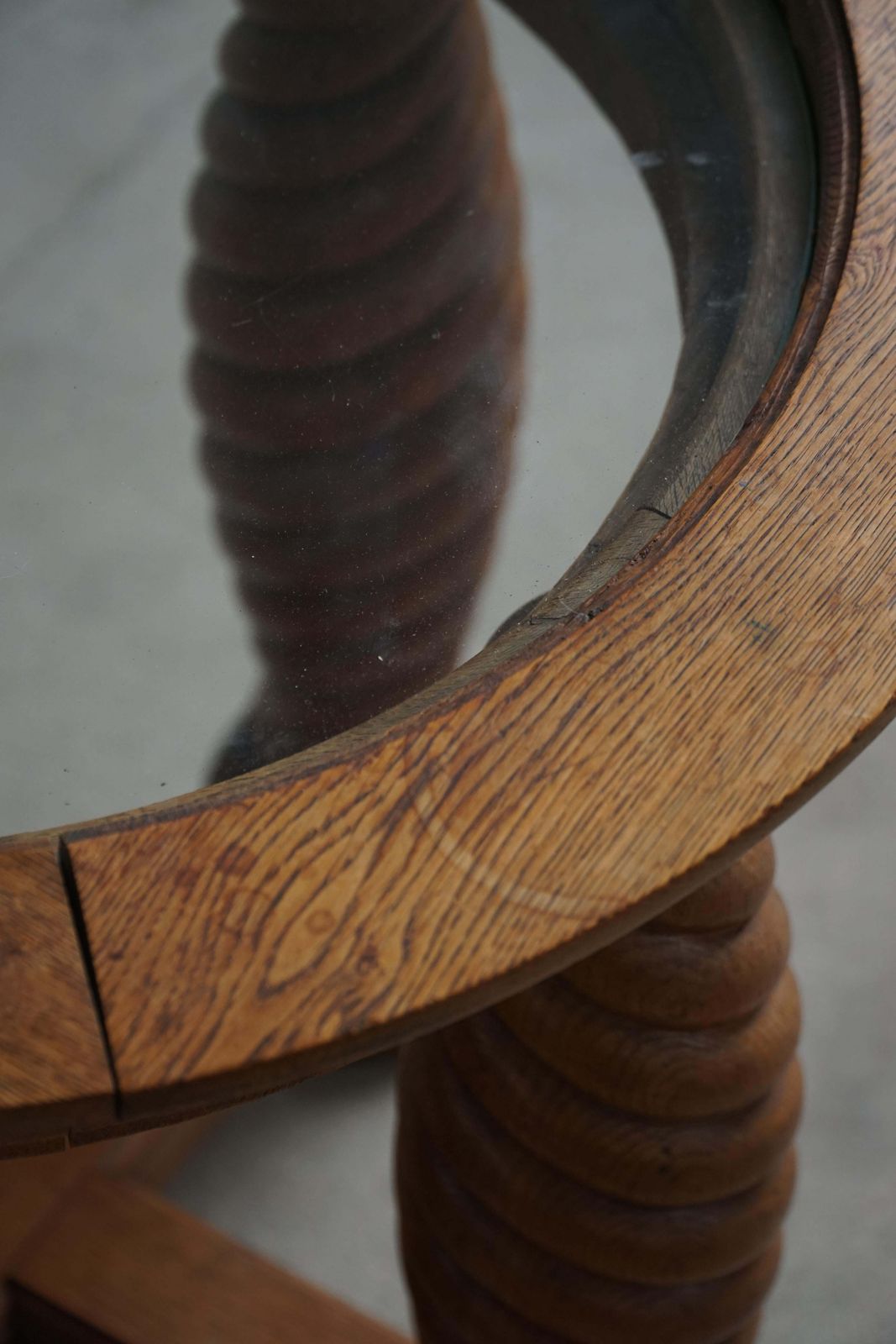 photo for sale Danish Mid Century Modern, Oak Table With Spiral Turned Legs & Glass Top, 1950s