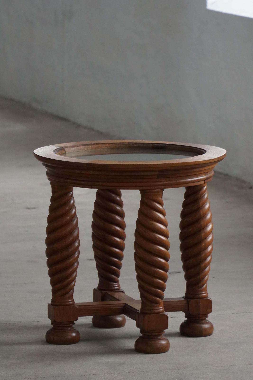 Furniture Danish Mid Century Modern, Oak Table With Spiral Turned Legs & Glass Top, 1950s photo
