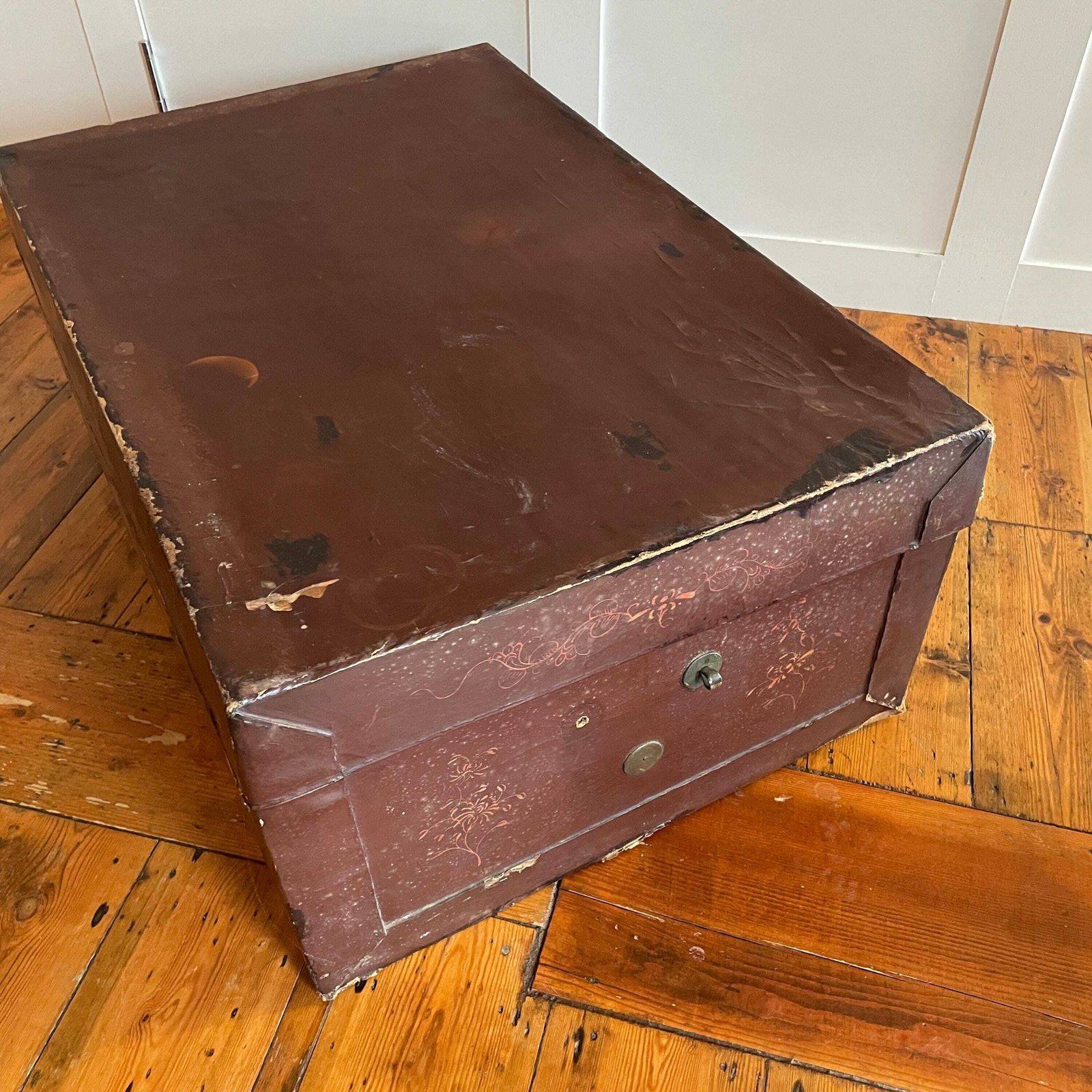 photo buy Large Hand Painted Chinese Trunk Dark Red Lacquered Oriental Storage Chest Vintage Blanket Box Coffee Table Decor Asian Chinoiserie