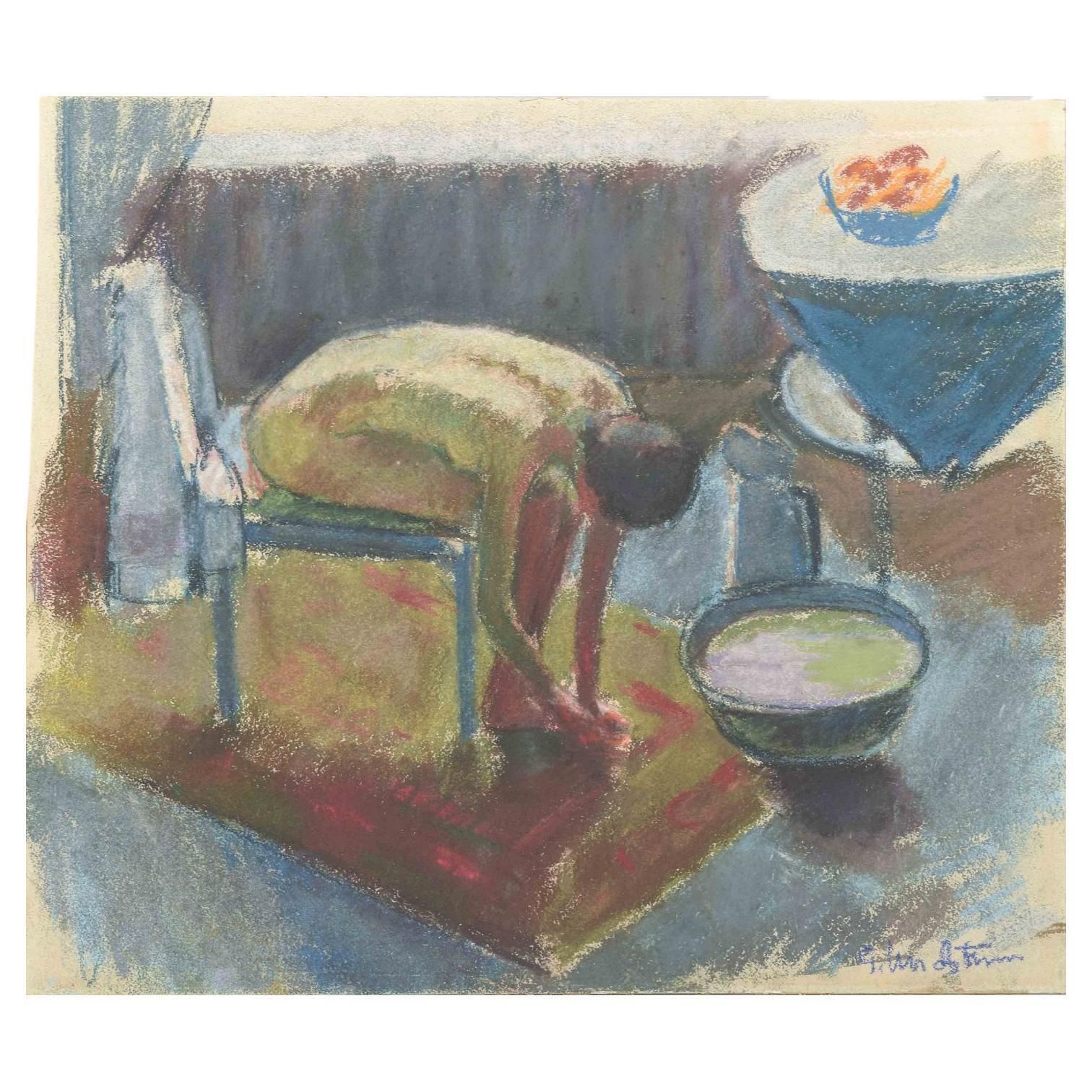 Scandinavian Artist. Interior With Seated Nude Figure. Crayon / Pastel On Paper