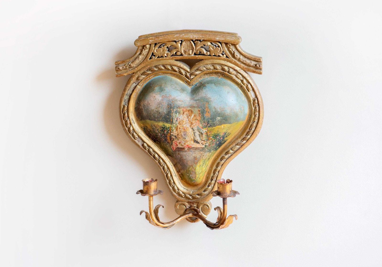 Antique French Giltwood Wall Sconce, 19th Century — Hand Painted Heart Panel, Rare Romantic Candle Holder photo buy