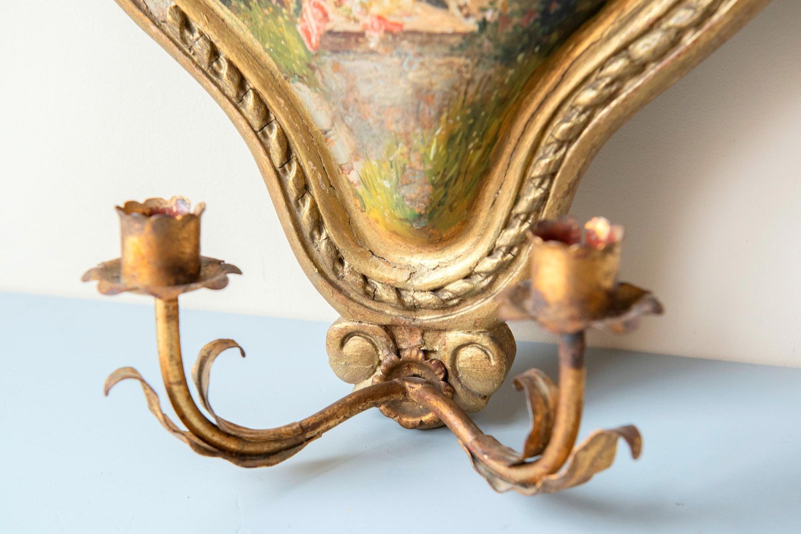 photo for sale Antique French Giltwood Wall Sconce, 19th Century — Hand Painted Heart Panel, Rare Romantic Candle Holder