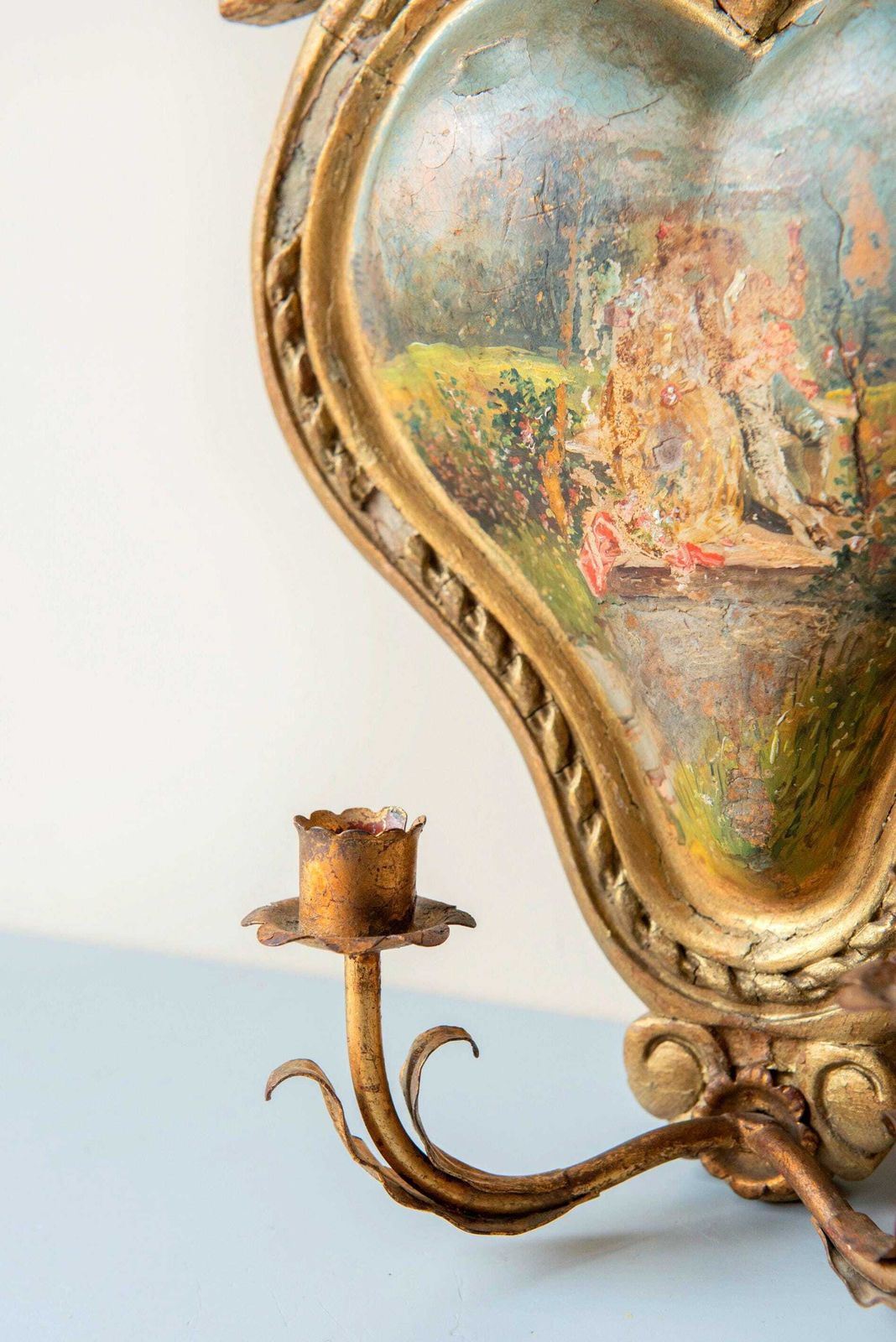 Art Antique French Giltwood Wall Sconce, 19th Century — Hand Painted Heart Panel, Rare Romantic Candle Holder photo