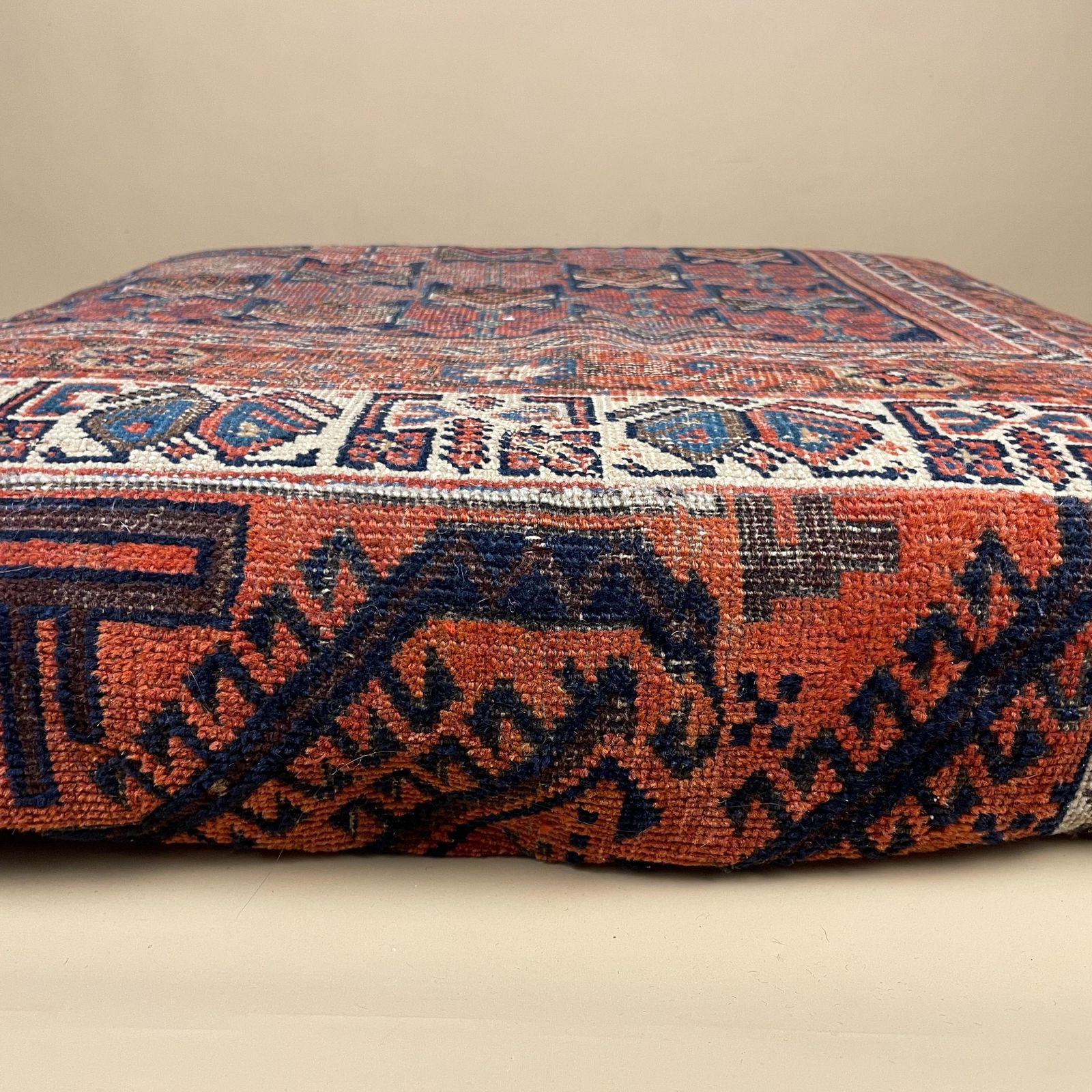 Vintage Carpet Floor Cushion Wool Rug Leather Backed Turkish Handwoven Pouffe Sofa Seat Handmade Red Geometric Decorative Accent photo Textiles