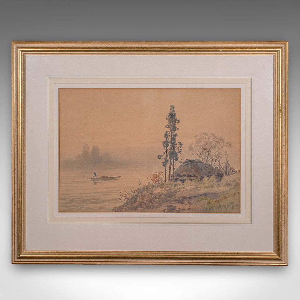 Pair Of Vintage Landscape Paintings, Oriental, Watercolour, Art, Mid Century photo Art