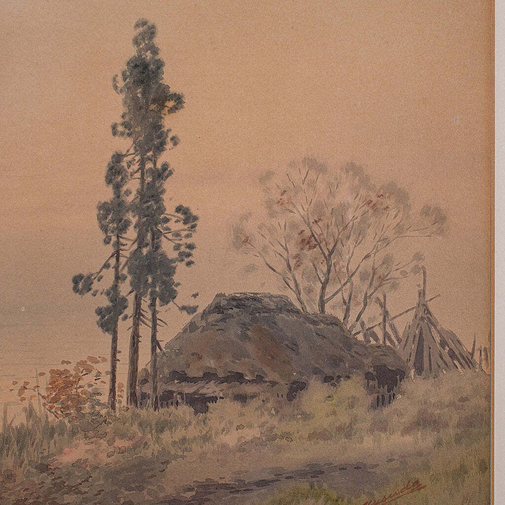 Pair Of Vintage Landscape Paintings, Oriental, Watercolour, Art, Mid Century photo vinterior