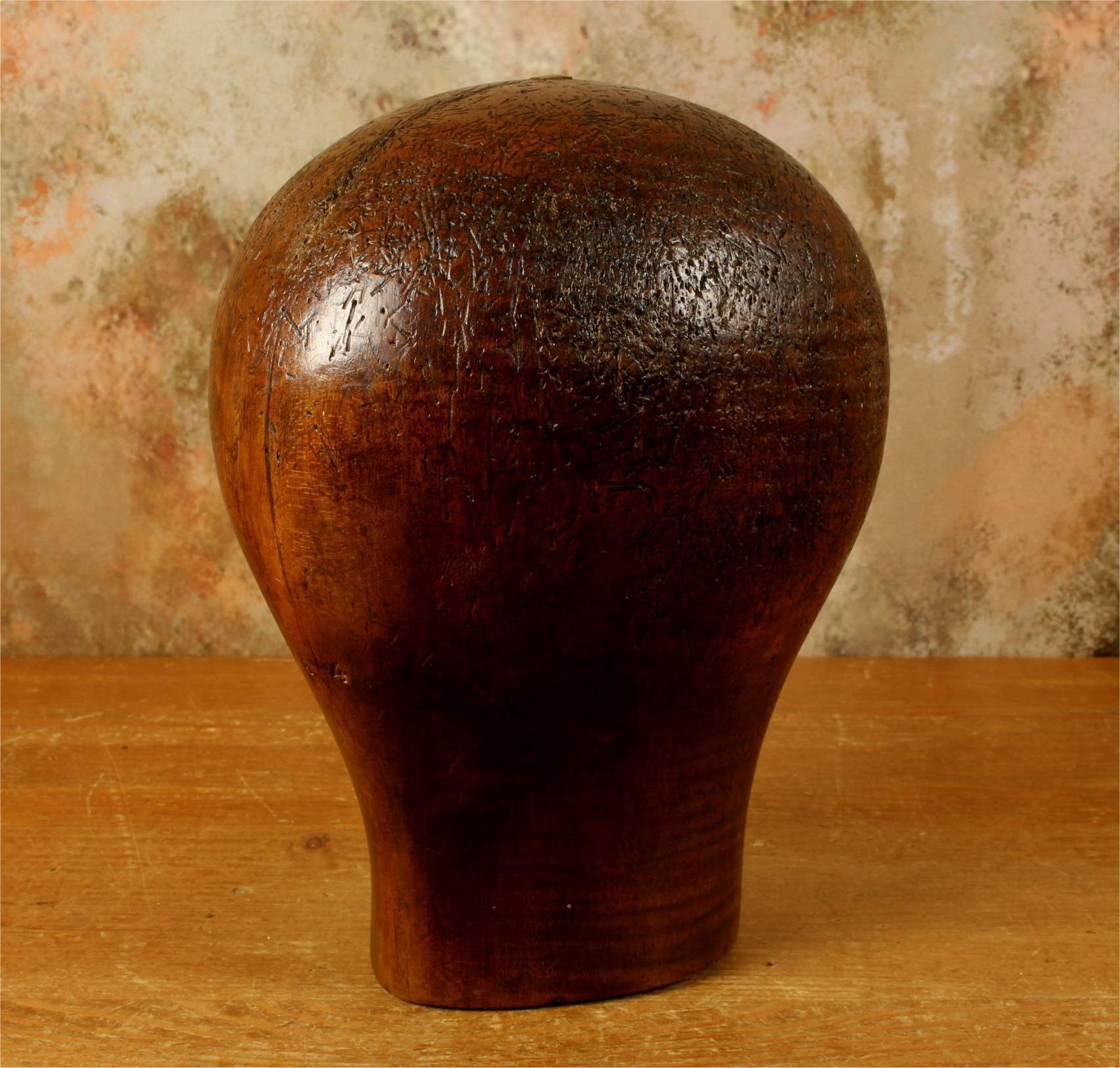 370.0 Antique Dark Wood Hat Block. French Milliner's 54 Head Wig Display. photo
