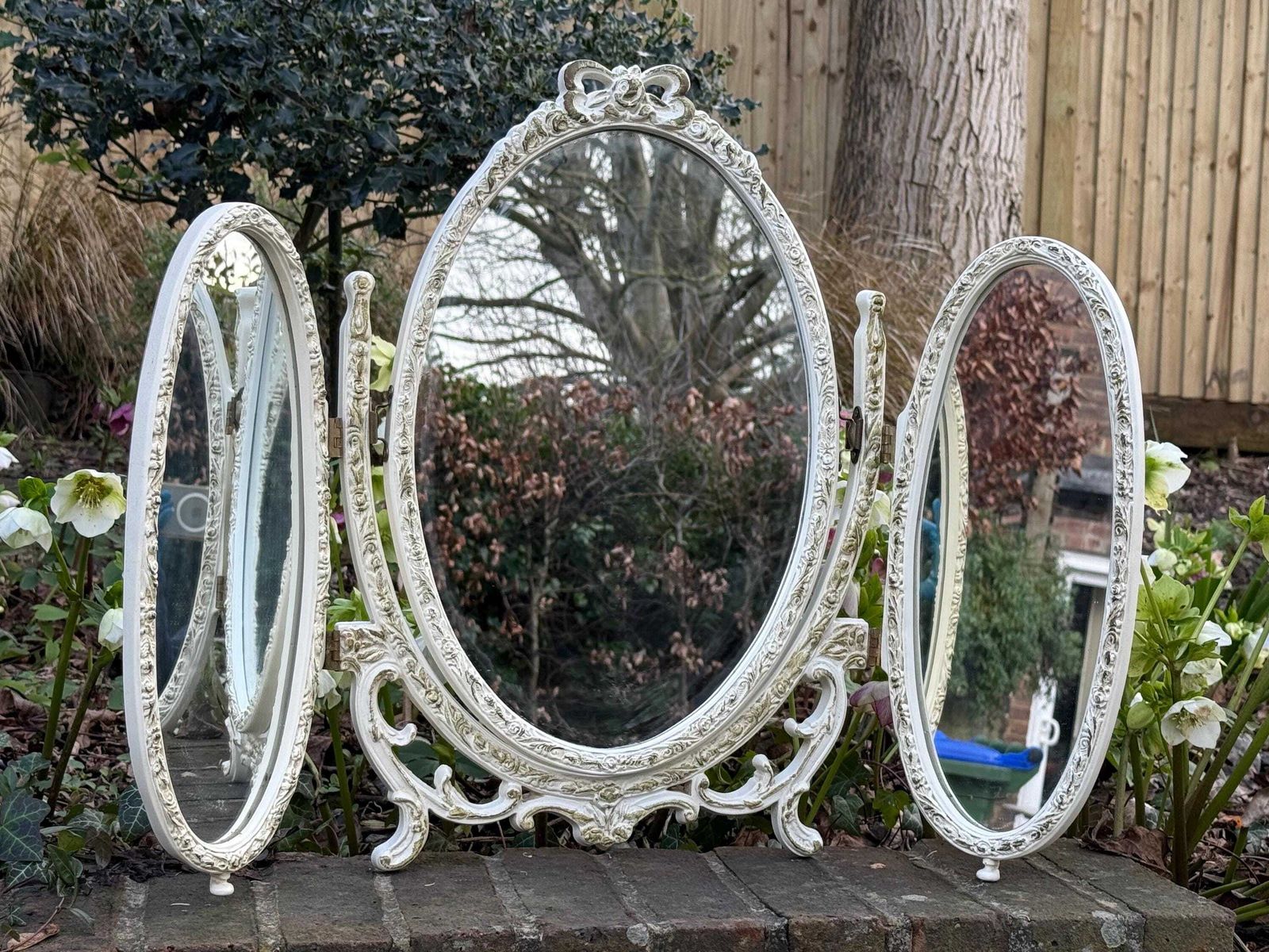 Vintage 1970s Authentic French Style Triple Vanity Mirror, Ornate Shabby Chic Dressing Table photo furniture