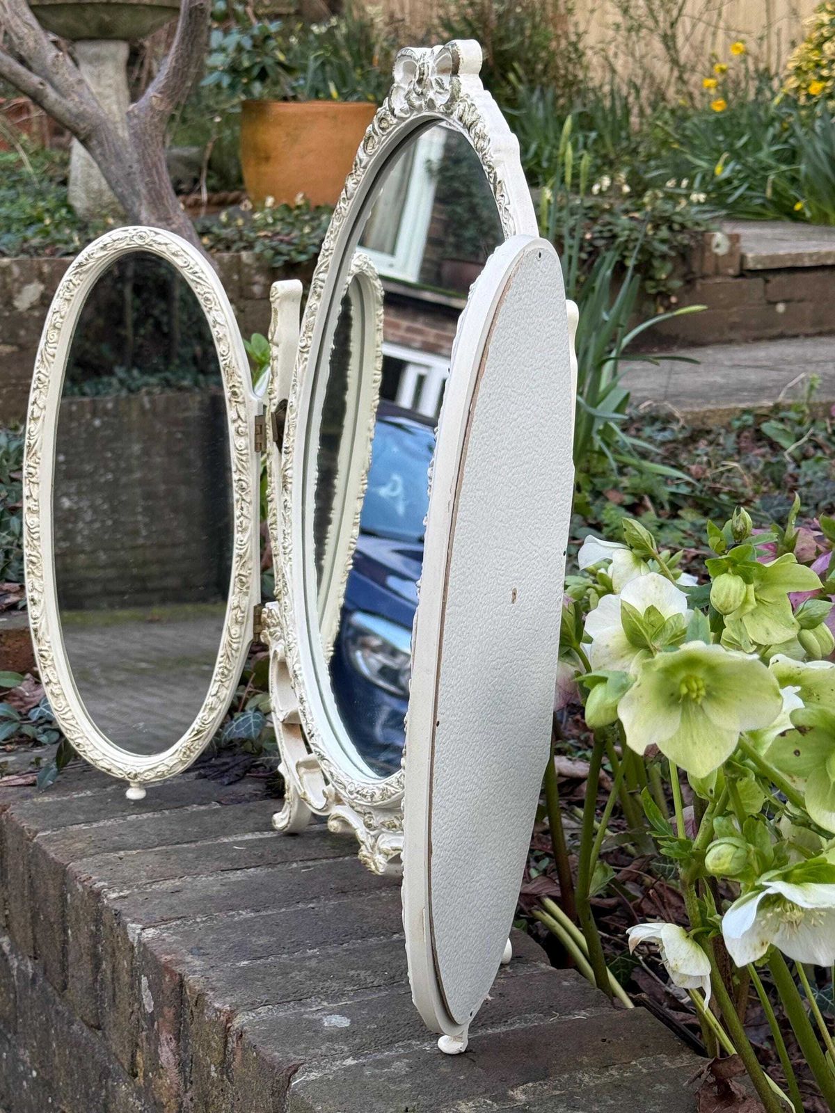 photo vinterior Vintage 1970s Authentic French Style Triple Vanity Mirror, Ornate Shabby Chic Dressing Table