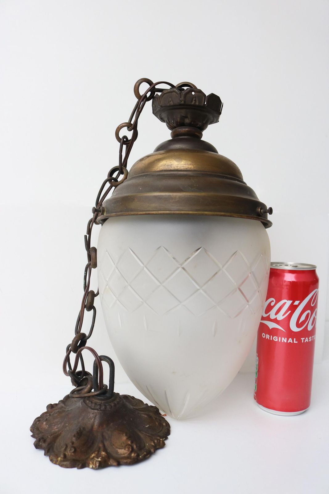 photo vinterior Antique French Teardrop Pendant Light – Brass & Etched Frosted Glass Hall Lantern