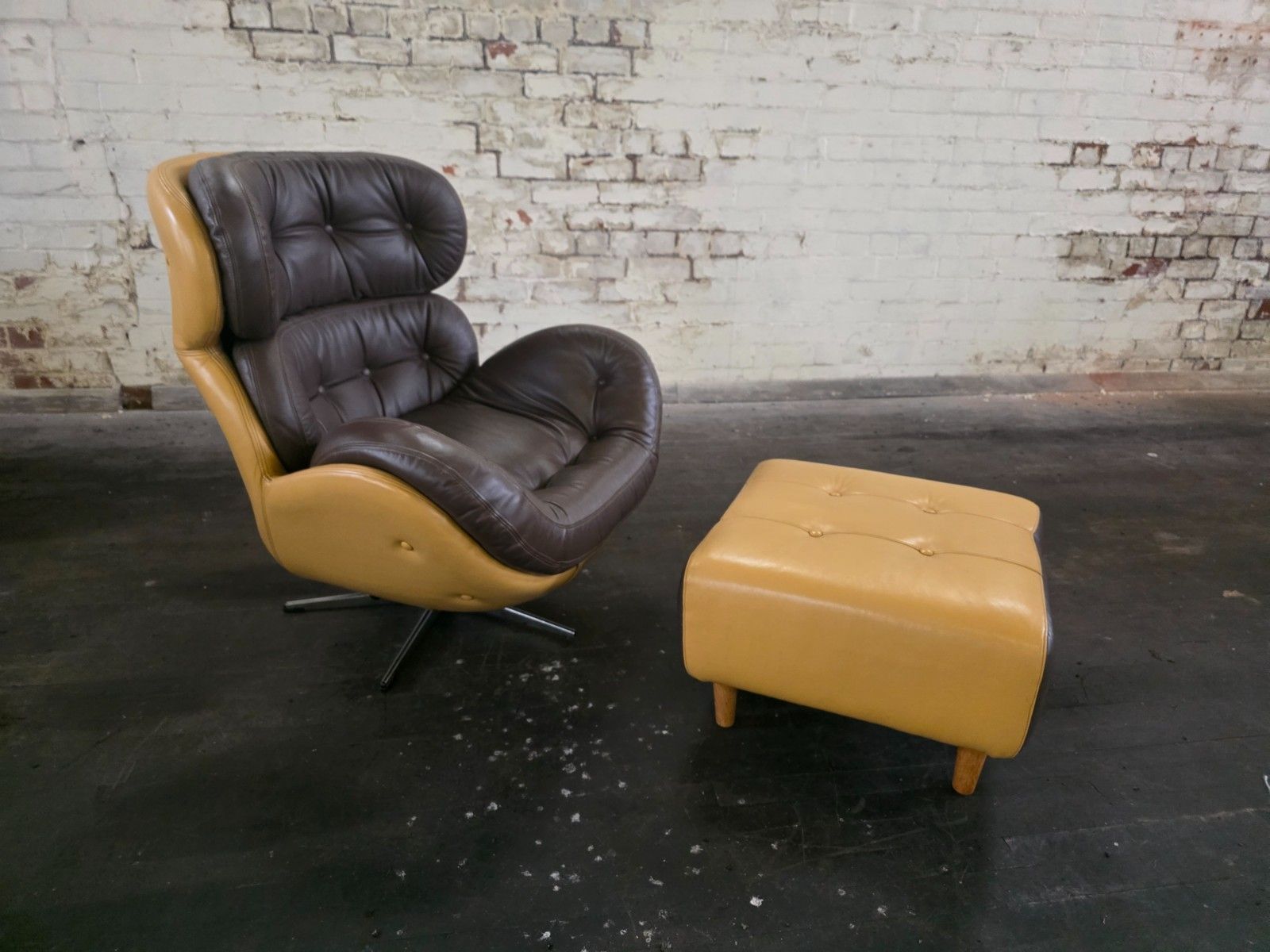 Original Mid Century 1970s Lounge Chair With Footstool In Leather photo for sale