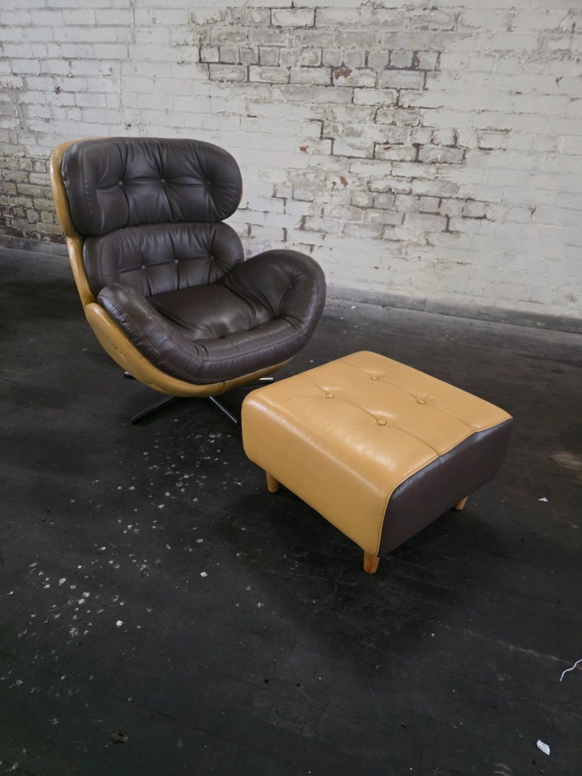Original Mid Century 1970s Lounge Chair With Footstool In Leather photo Furniture