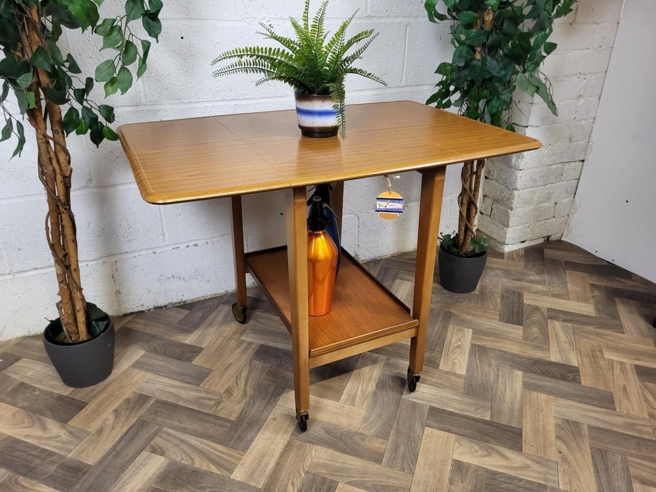 Vintage Mid Century Teak Formica Dropleaf Tea Trolley Drinks Bar Retro photo for sale