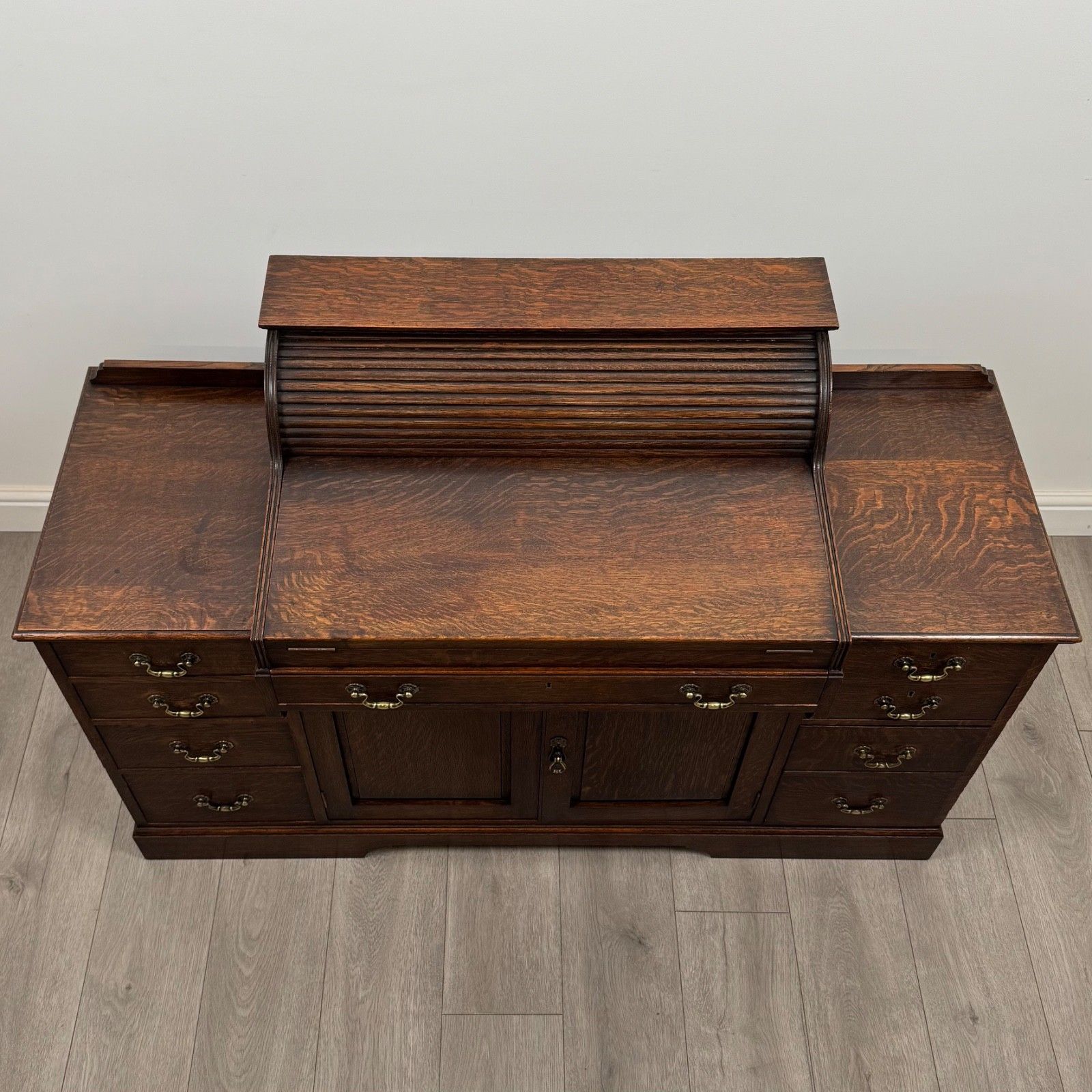 photo for sale Antique 19th Century Tambour Top Bankers Desk In Oak