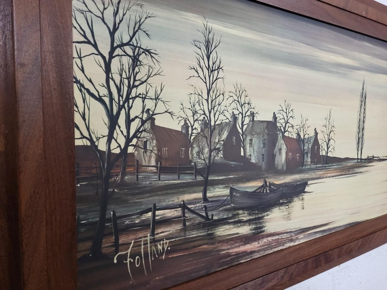 Vintage Mid Century Large Teak Framed Print Riverbanks By Ronald Norman Folland photo furniture