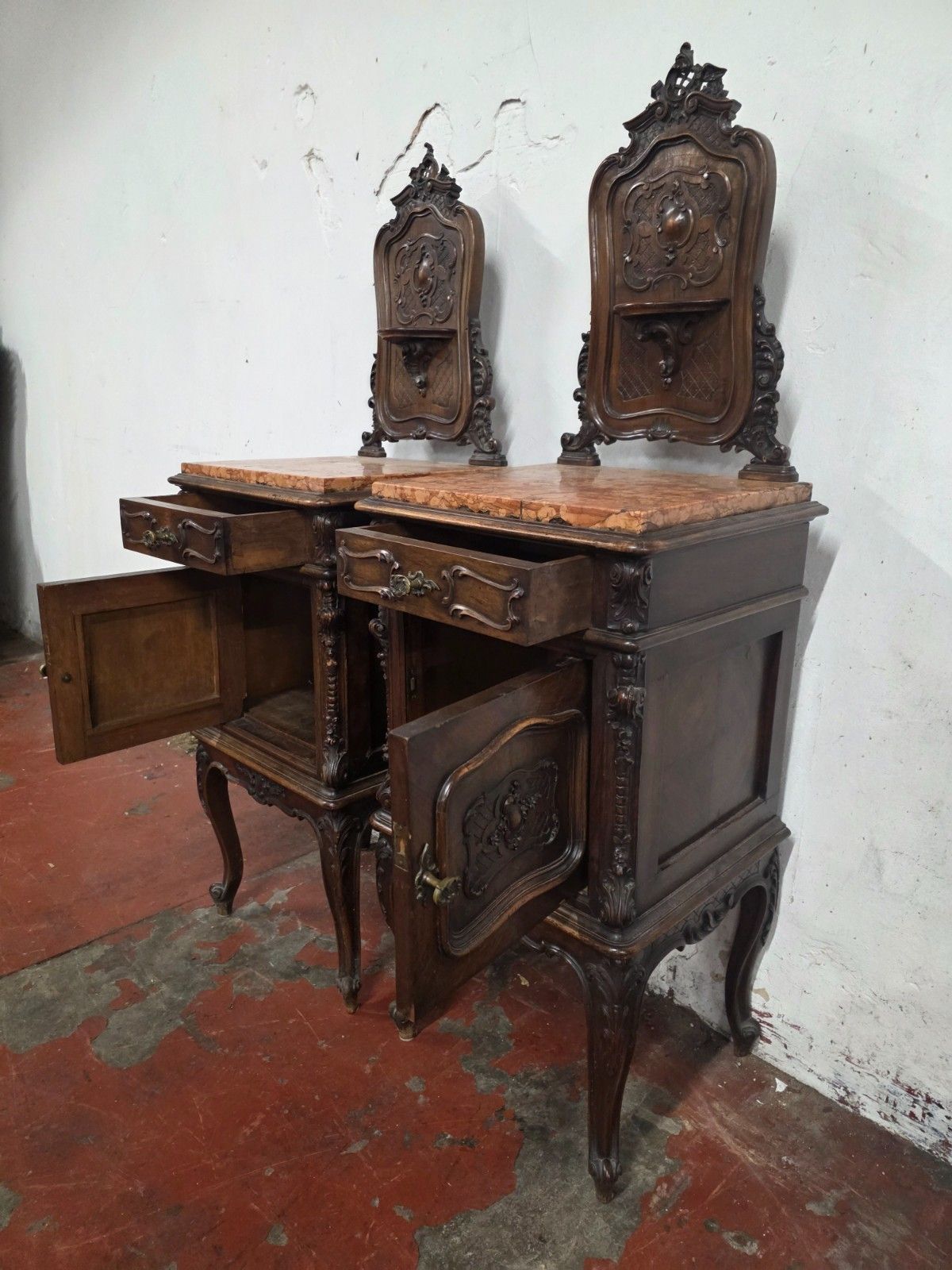 Furniture A Pair Of Antique French Marble Top Bedsides Cabinets photo