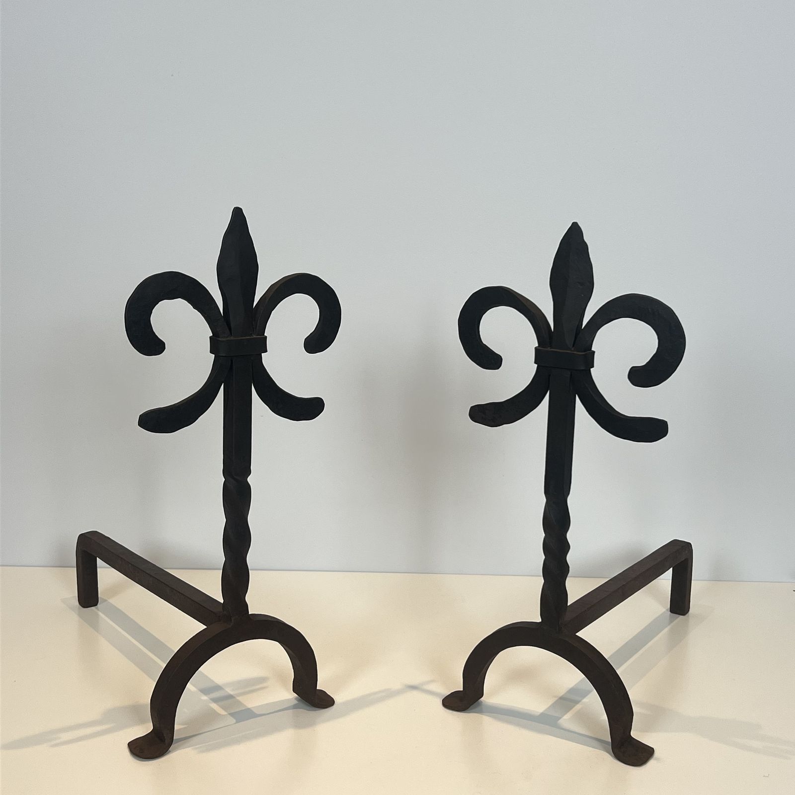 1250.0 Pair Of Wrought Iron Andirons With Fleur De Lis Design photo
