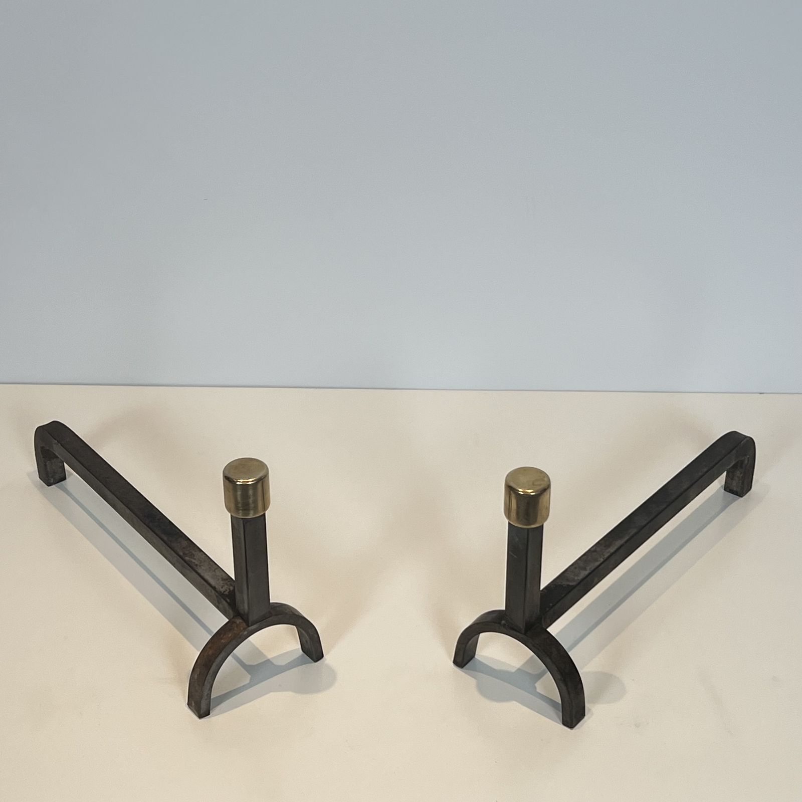 Pair Of Modernist Wrought Iron And Brass Andirons photo for sale