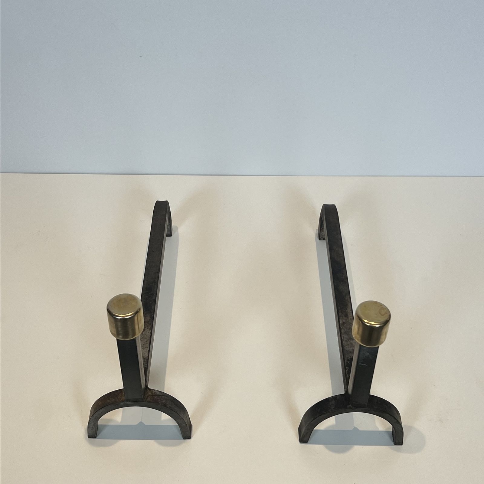 Pair Of Modernist Wrought Iron And Brass Andirons photo Home Fixtures