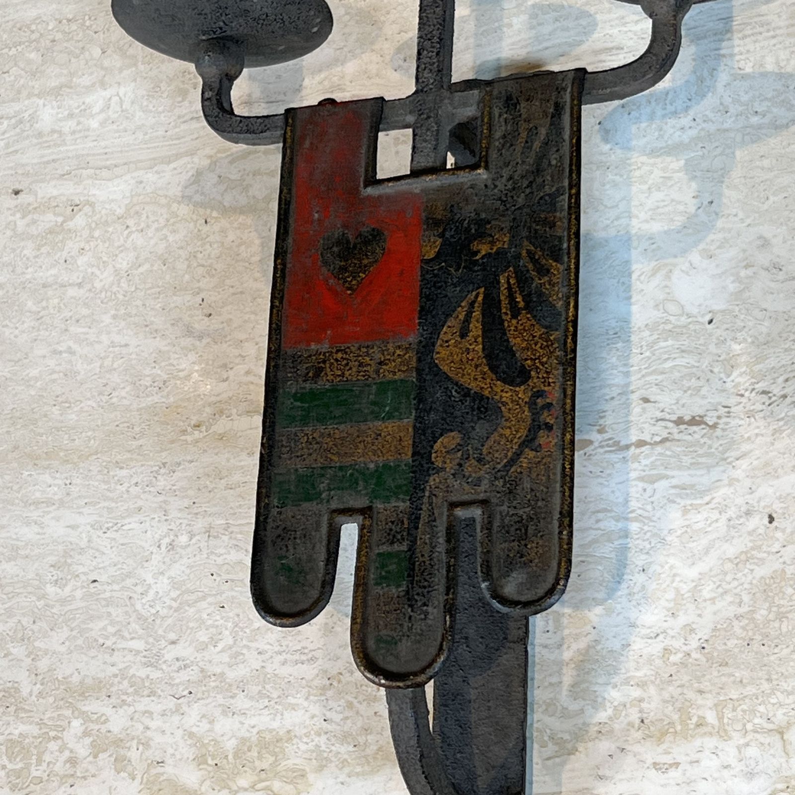 Important Pair Of Wrought Iron Wall Sconces With Coat Of Arms And 3 Gothic Style Lights photo buy