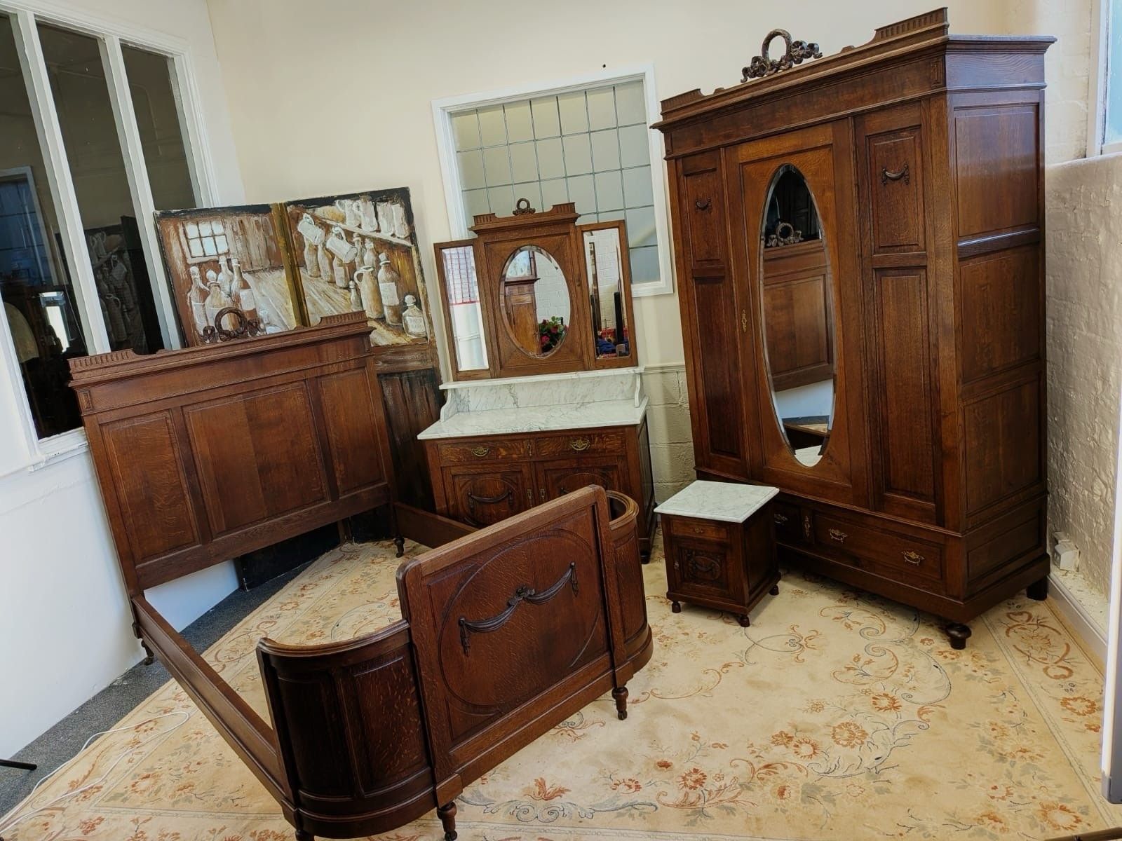 Solid Oak Carved French Continental 4 Piece Double Wardrobe Bedroom Suite C1900