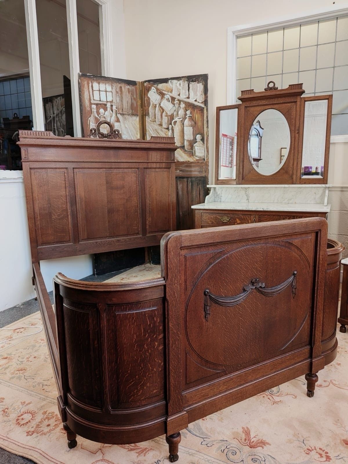 Solid Oak Carved French Continental 4 Piece Double Wardrobe Bedroom Suite C1900 photo furniture