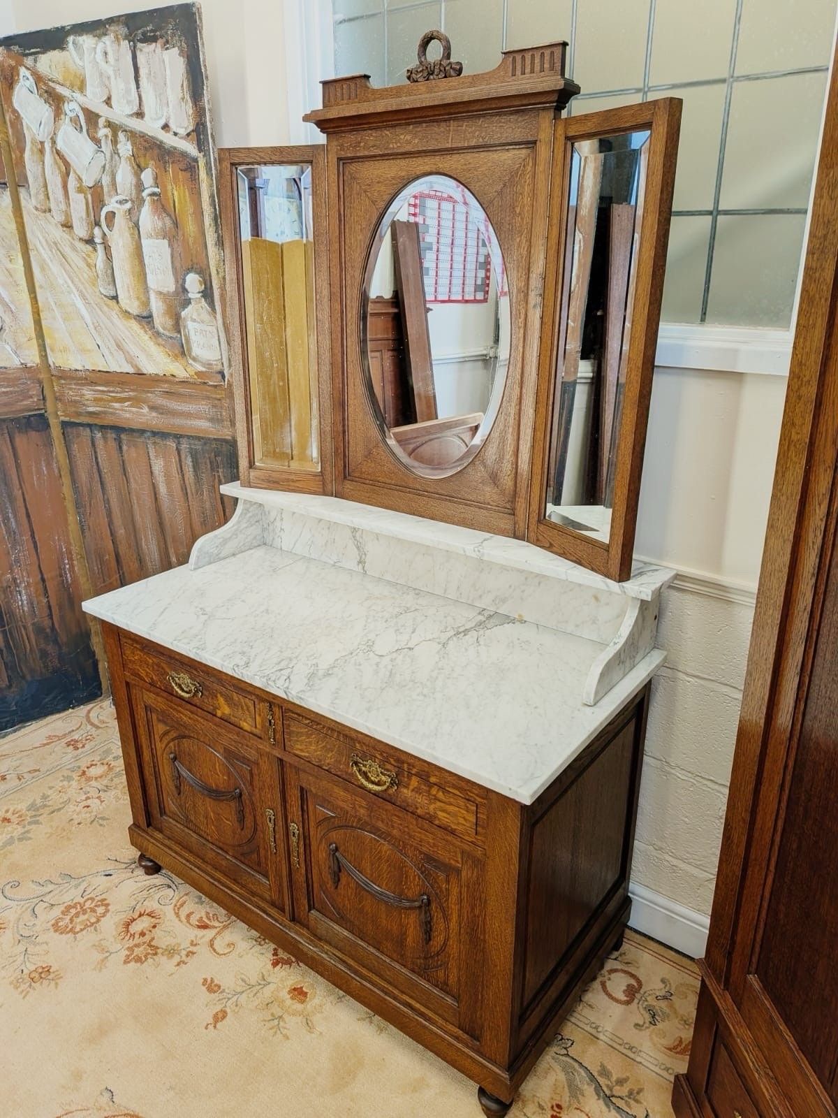 photo vinterior Solid Oak Carved French Continental 4 Piece Double Wardrobe Bedroom Suite C1900