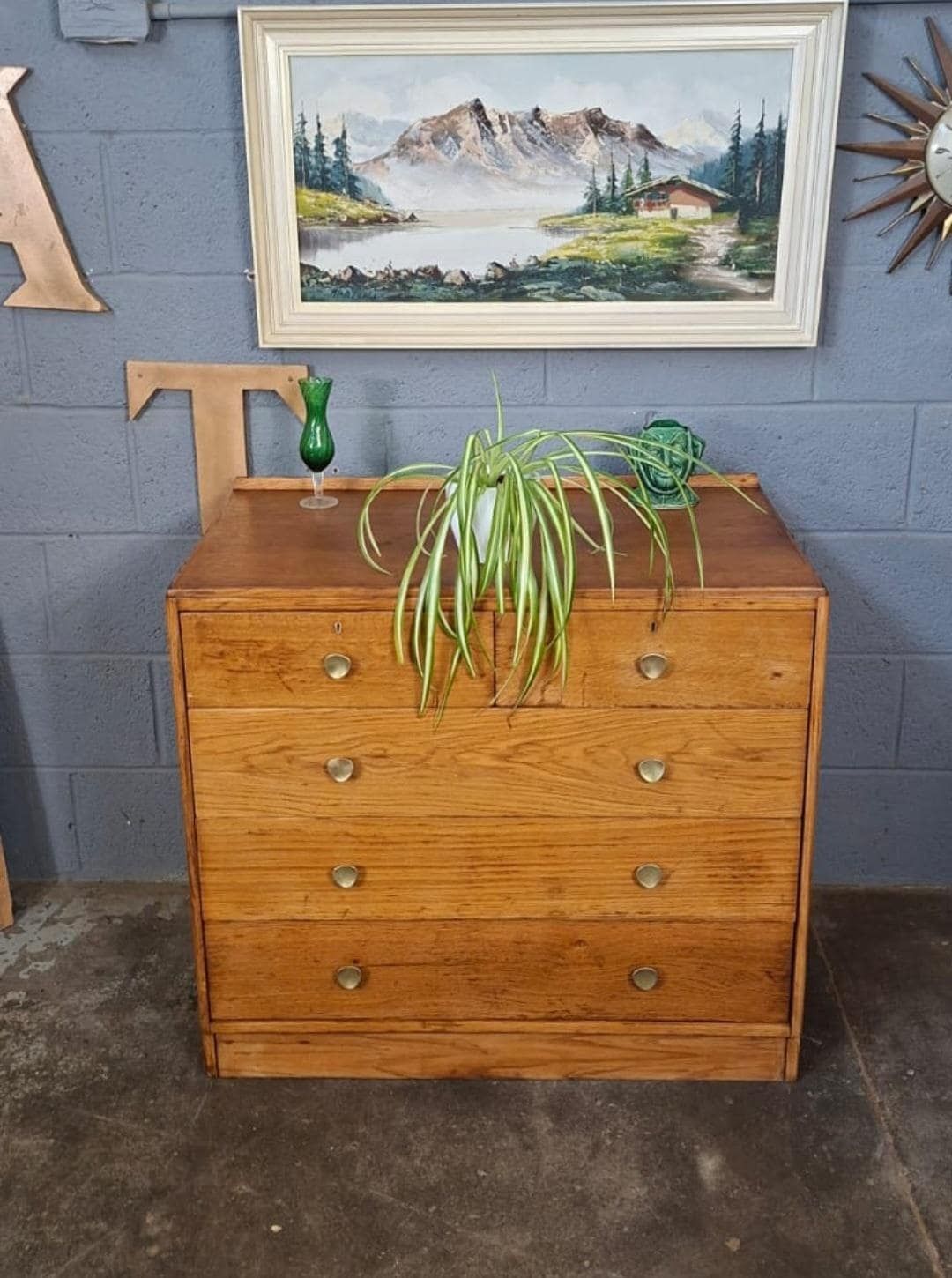 Chest Of Drawers ~ Oak ~ Vintage ~ Mid Century ~ Brass Handles photo for sale