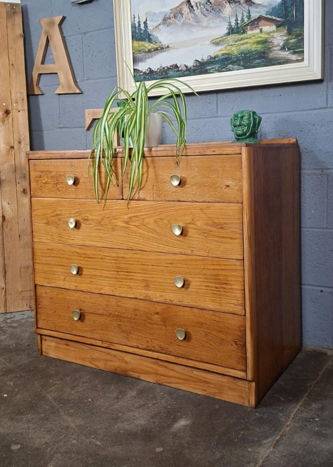 Chest Of Drawers ~ Oak ~ Vintage ~ Mid Century ~ Brass Handles photo 495.0